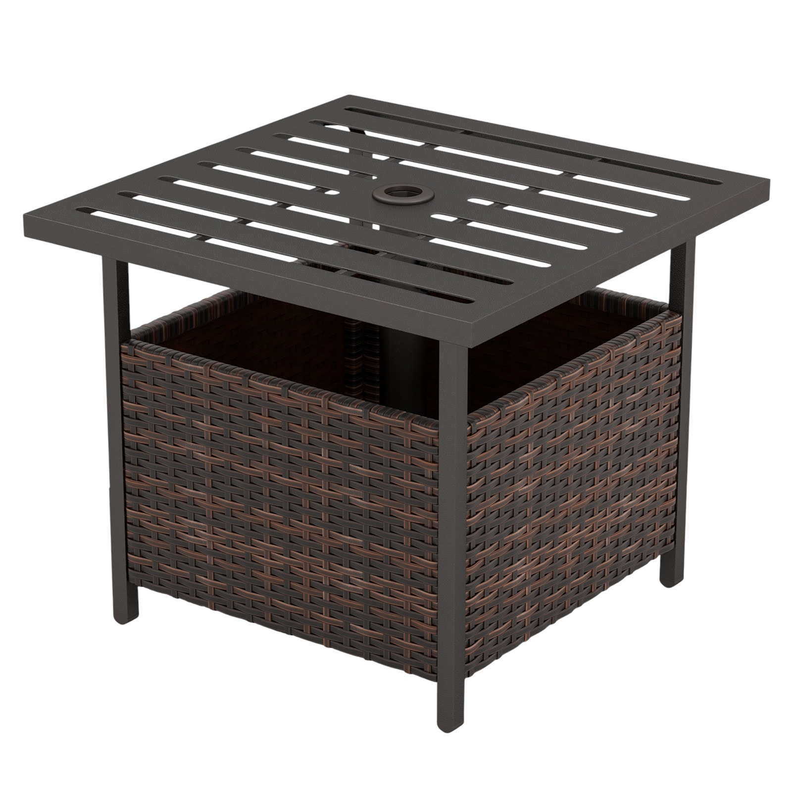 Slickblue D-CO-90166WH Square Wicker Outdoor Side Table 22W x 22L with Umbrella Hole in Mix Brown