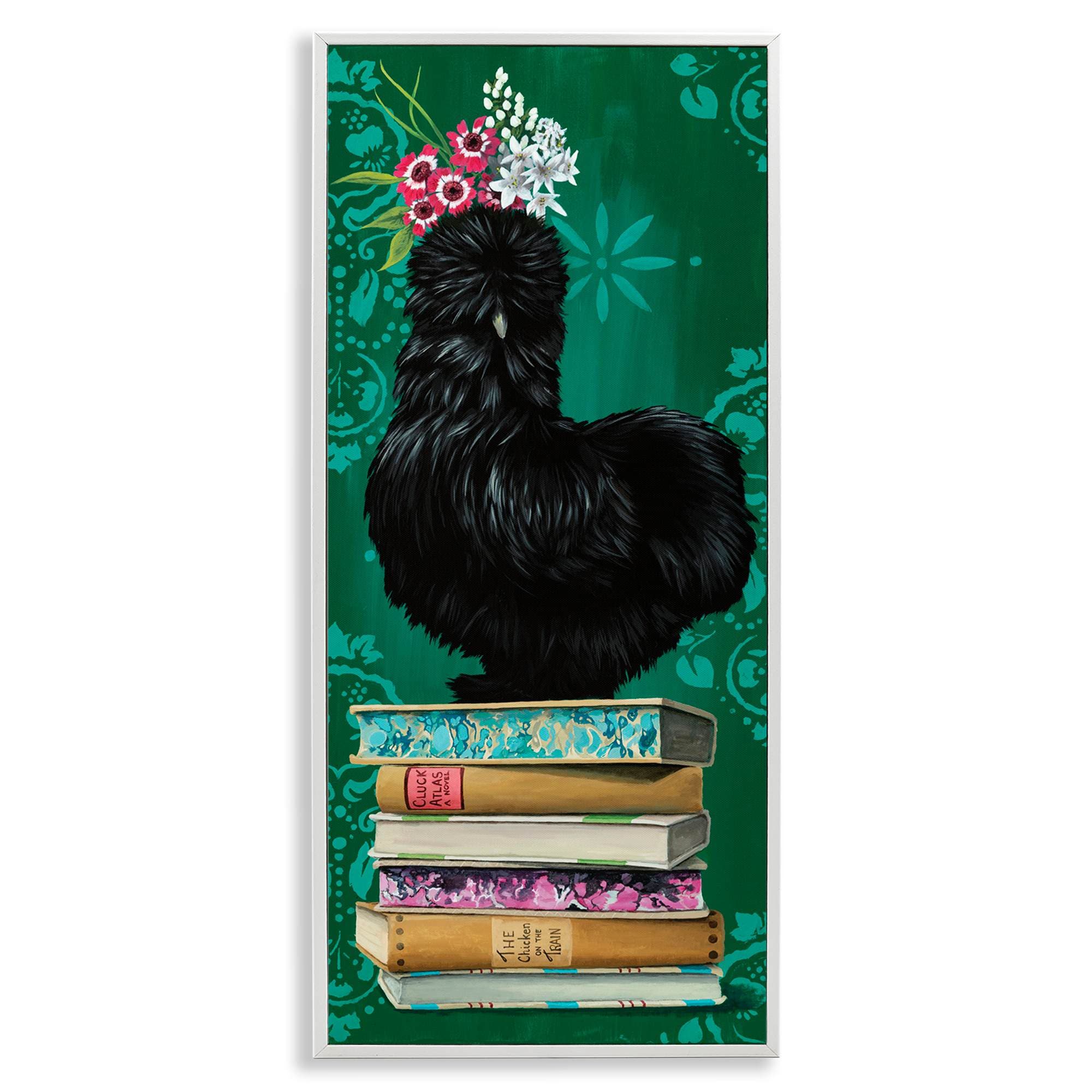 Stupell Industries BT-209-WFR-10X24 Country Chicken on Bookstack Framed Giclee design by Heather Gauthier