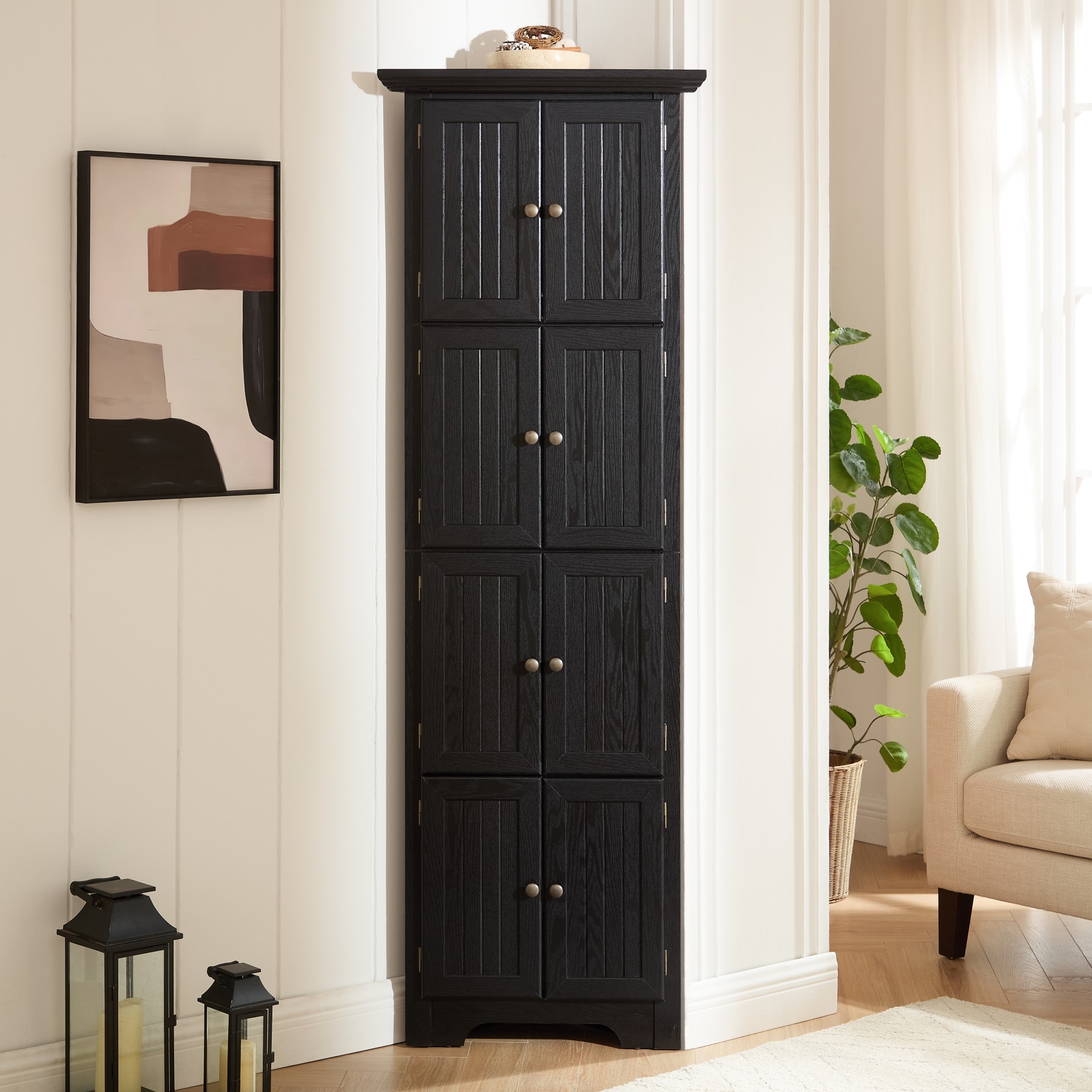 GlasFlength  72-Inch Corner Kitchen Pantry Storage Cabinet Four Tier Design With Doors Space Saving Organization for Kitchen Bathroom Living Room Black