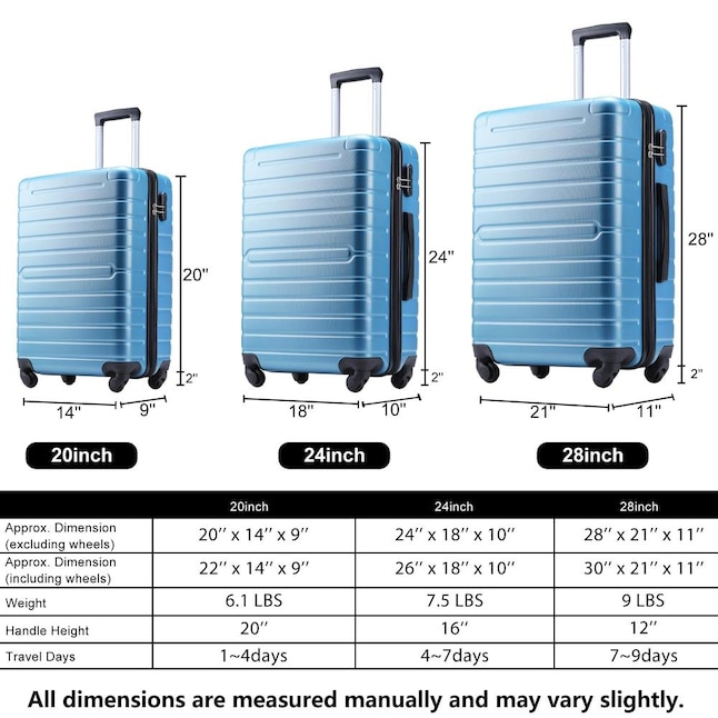 CASAINC Steel Blue Hardshell Luggage Sets 3 Pcs Spinner Suitcase with