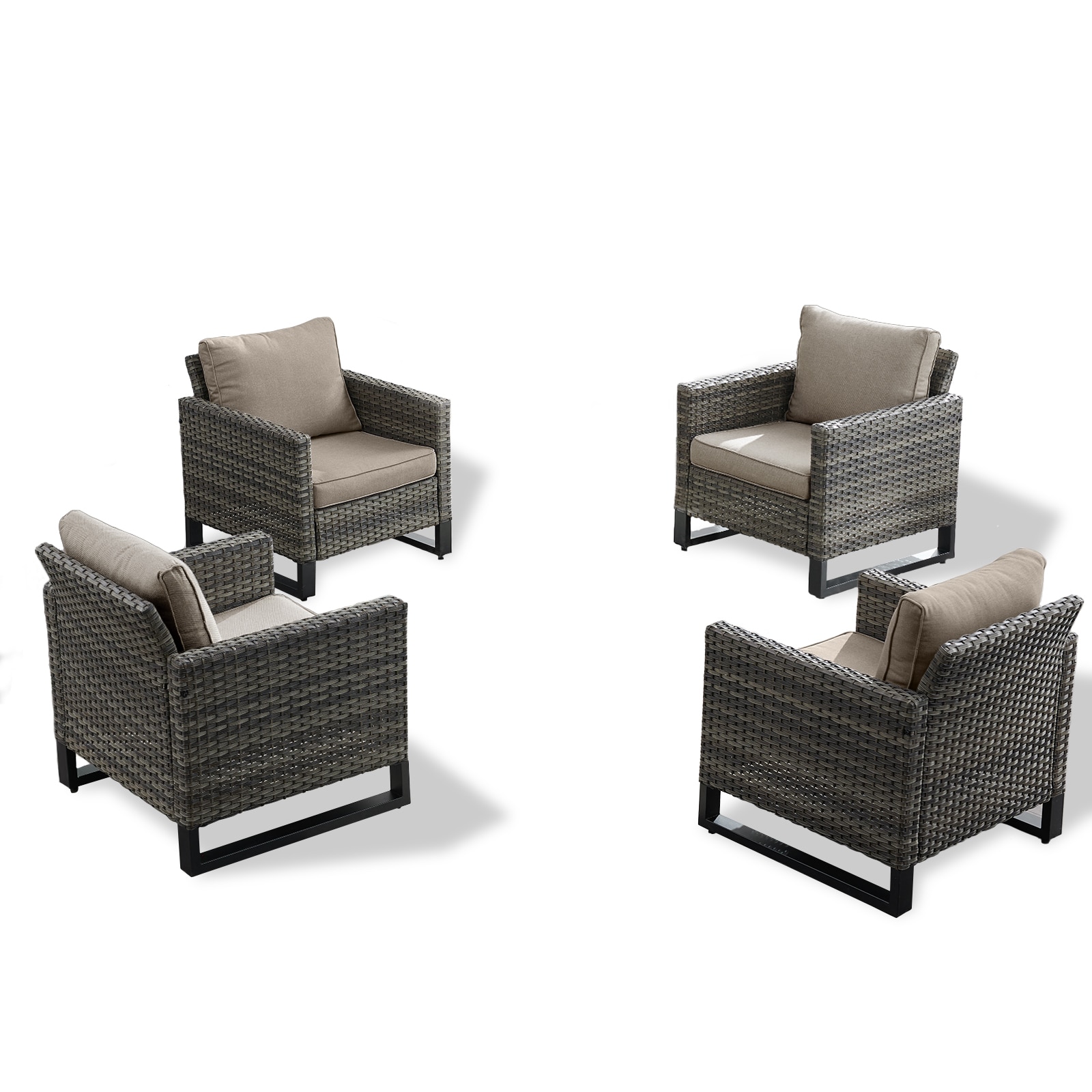 Rilyson FS063-3X2 U-Feet Set of 4 Wicker Gray Wicker Frame Stationary Conversation Chair with Gray Gray Cushioned Seat