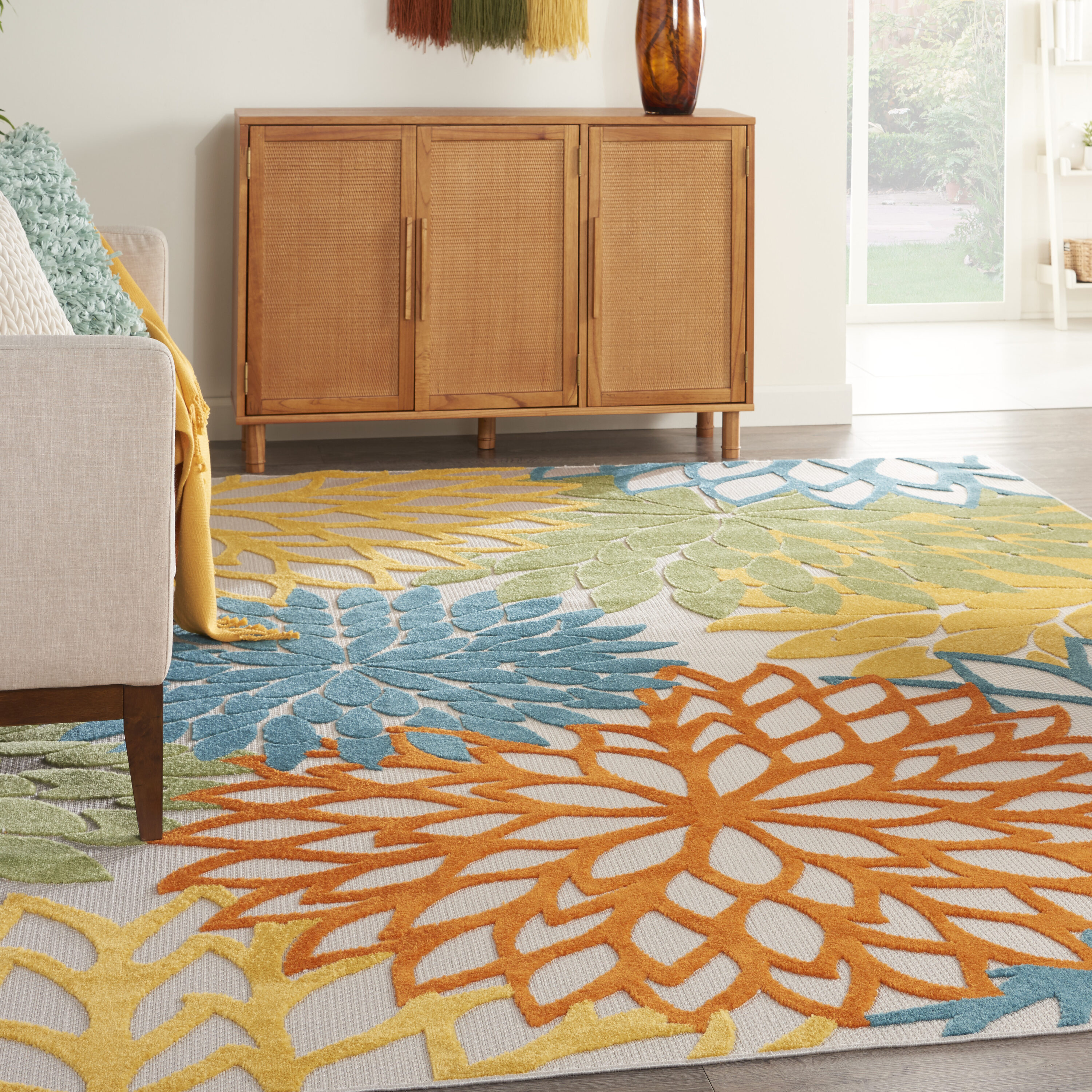 Nourison Home 099446829580 Aloha 9 x 12 (ft) Loomed Polypropylene Turquoise Multicolor Rectangular Indoor/Outdoor Floral/Botanical Tropical Area rug