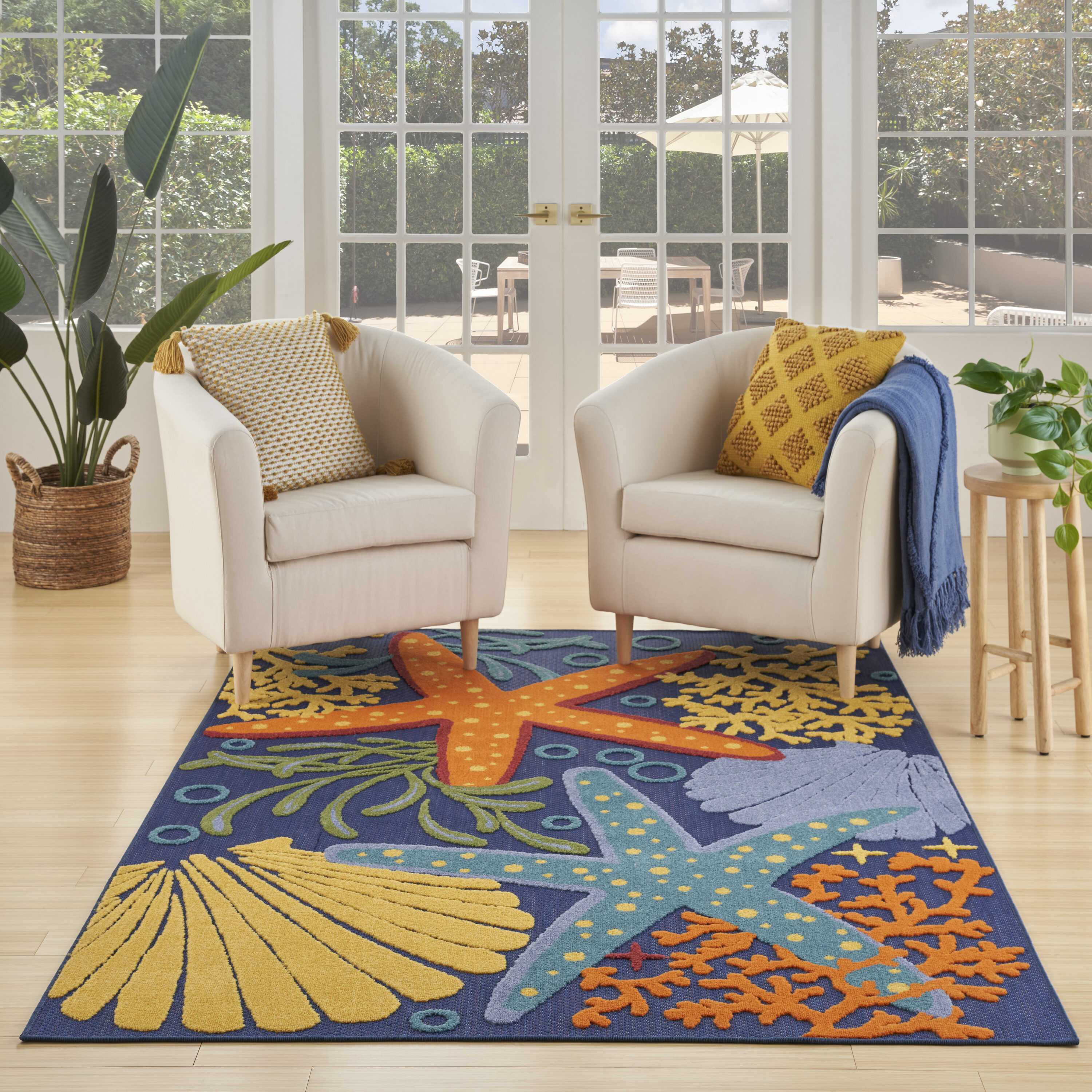 Nourison 099446920935 Aloha 4 x 6 (ft) Loomed Polypropylene Navy Multicolor Rectangular Indoor/Outdoor Floral/Botanical Area rug