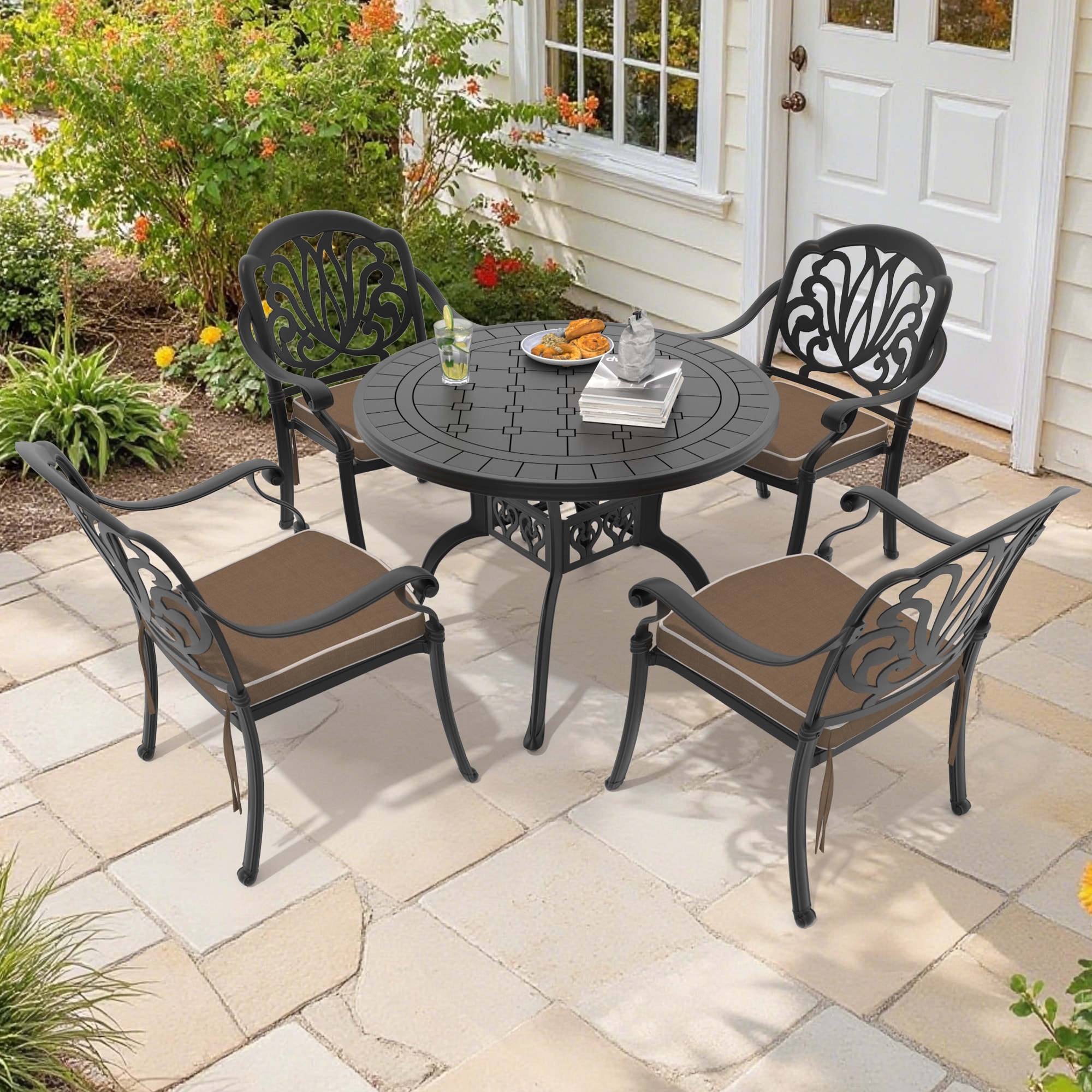 nicesure SLBK6002CZ4A1149RC 5 -Piece Black Patio Dining Set Aluminum Round Table with 4 Cushions Stackable Stationary Chairs