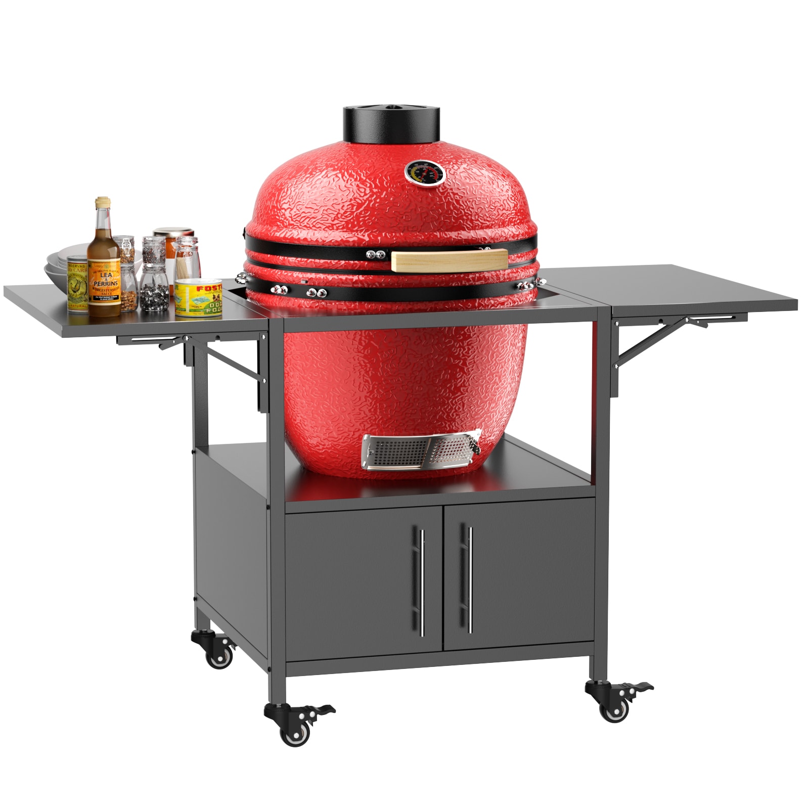 LOVMOR SF-R-W3190P305785 Outdoor Grill Table for Big Green Egg Style BBQ Metal Grill Cart with 2 Folding Panels