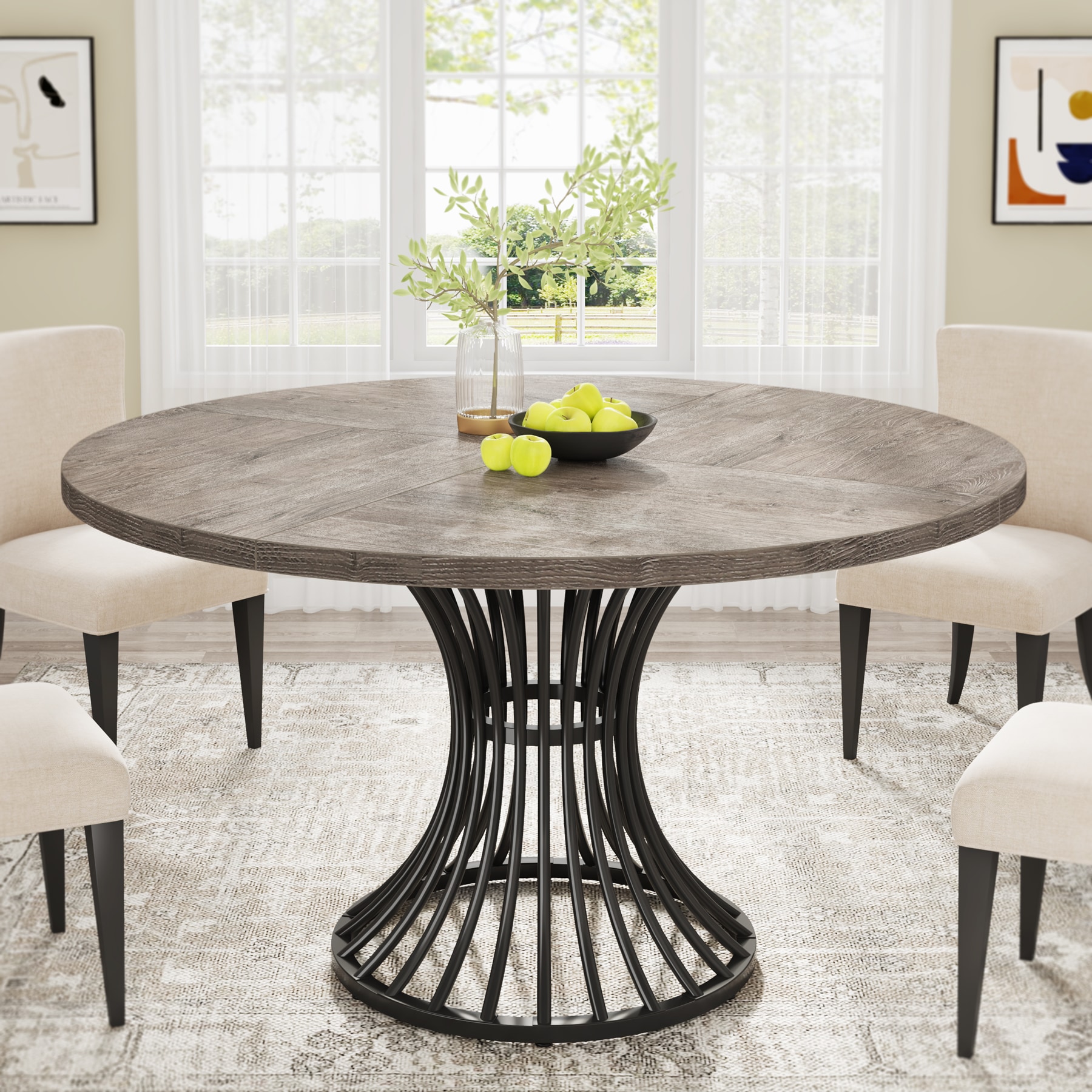 Fnova LWTJ-XK00622X Gray and Black Round Contemporary/Modern Dining Table, MDF with Powder coating Metal Pedestal Base 46.85-in L x 29.92-in H