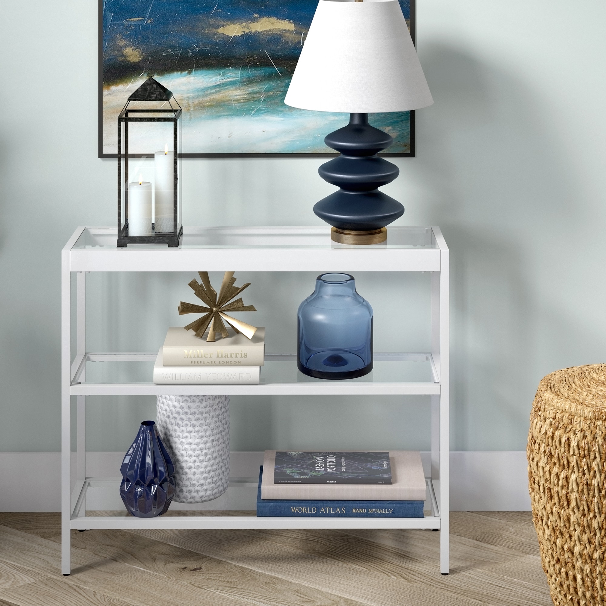 Streamlined White Metallic 36" Console Table with Tempered Glass Shelves