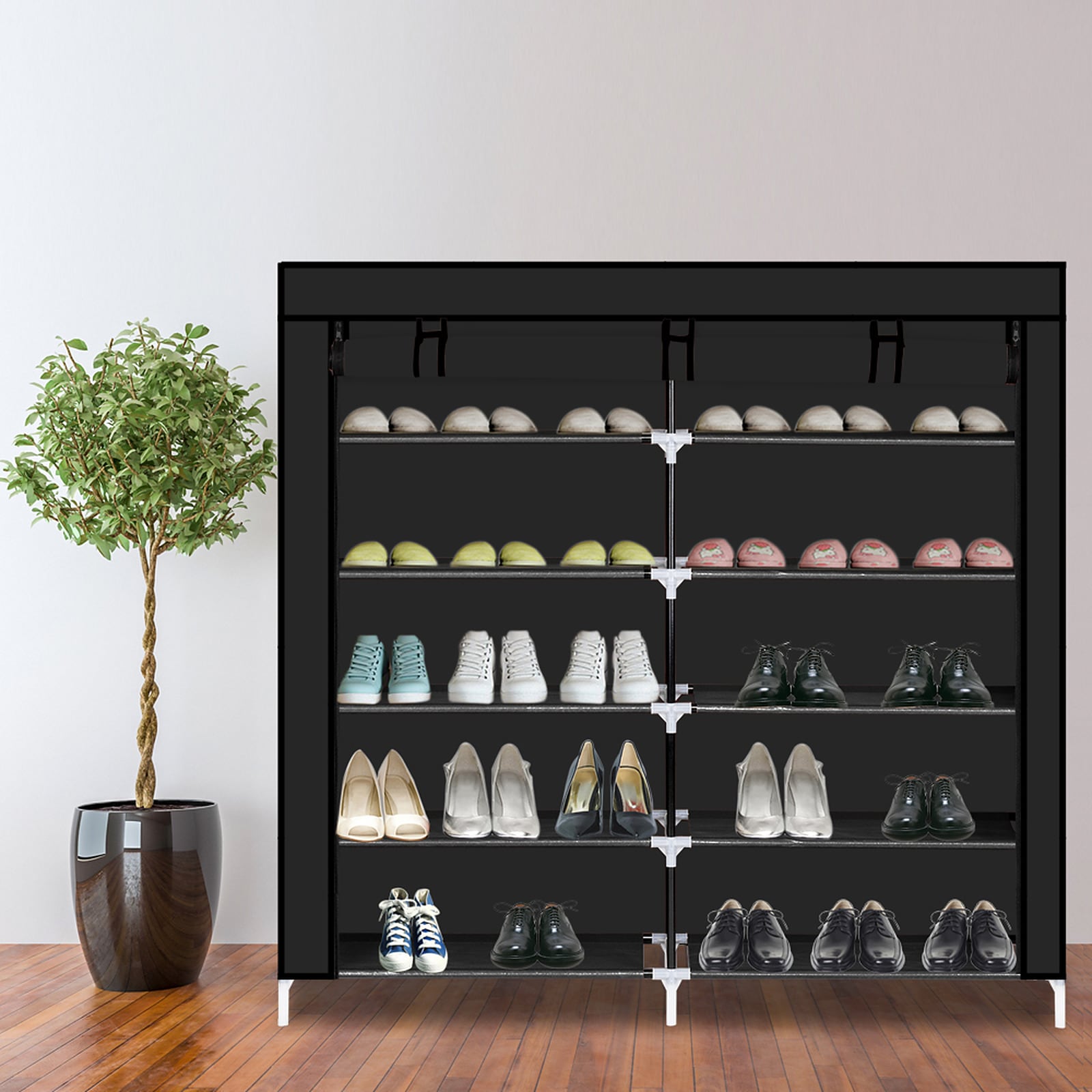 Bestcore 7-Tier Black Shoe Rack 44-in W Holds 36 Pairs with Zippered Fabric Dust Cover Steel Tube Frame and Adjustable Shelves
