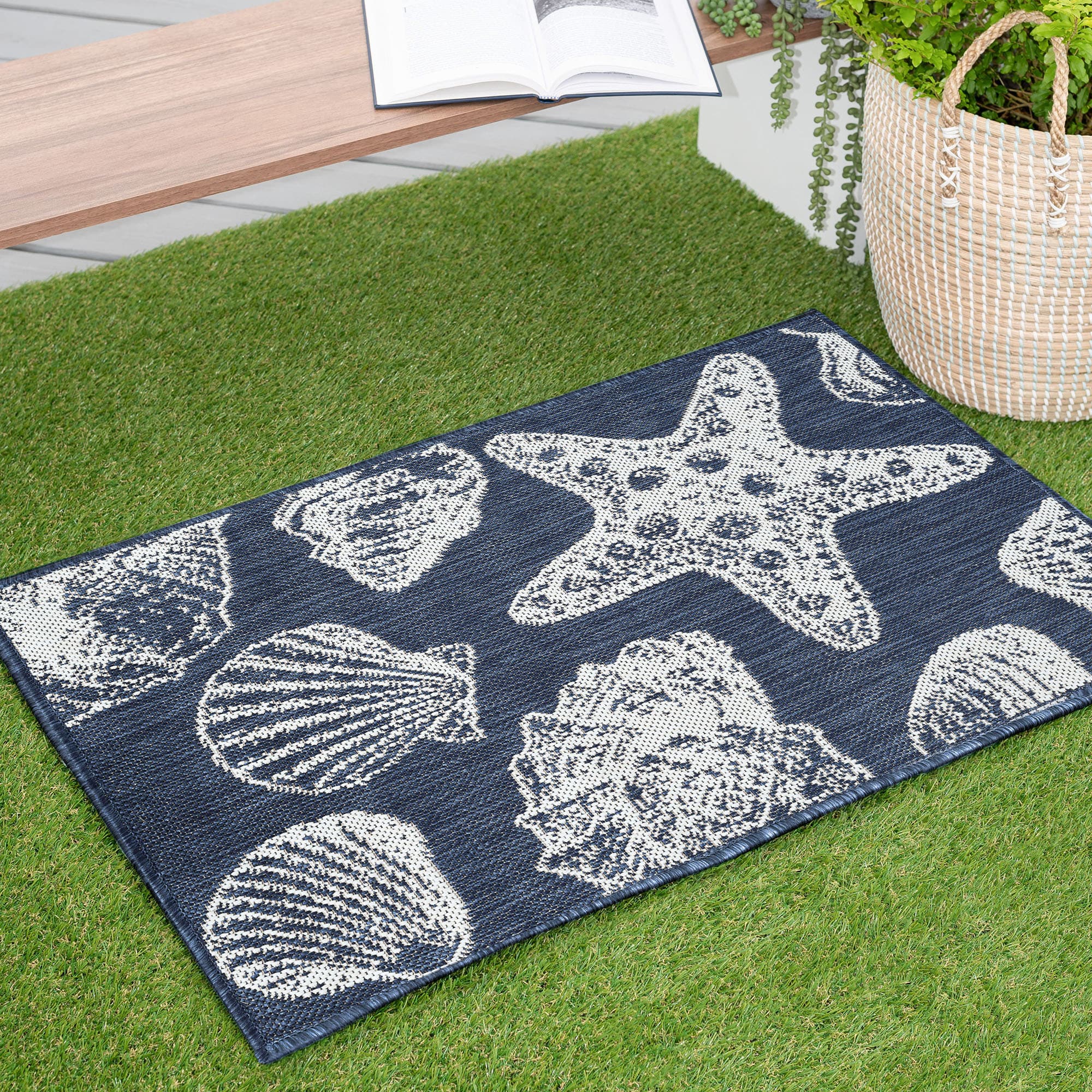 Tayse ECO1405 2X3 Eco 2 x 3 (ft) Flatweave Polypropylene Navy Rectangular Indoor/Outdoor Animal print Coastal Throw rug
