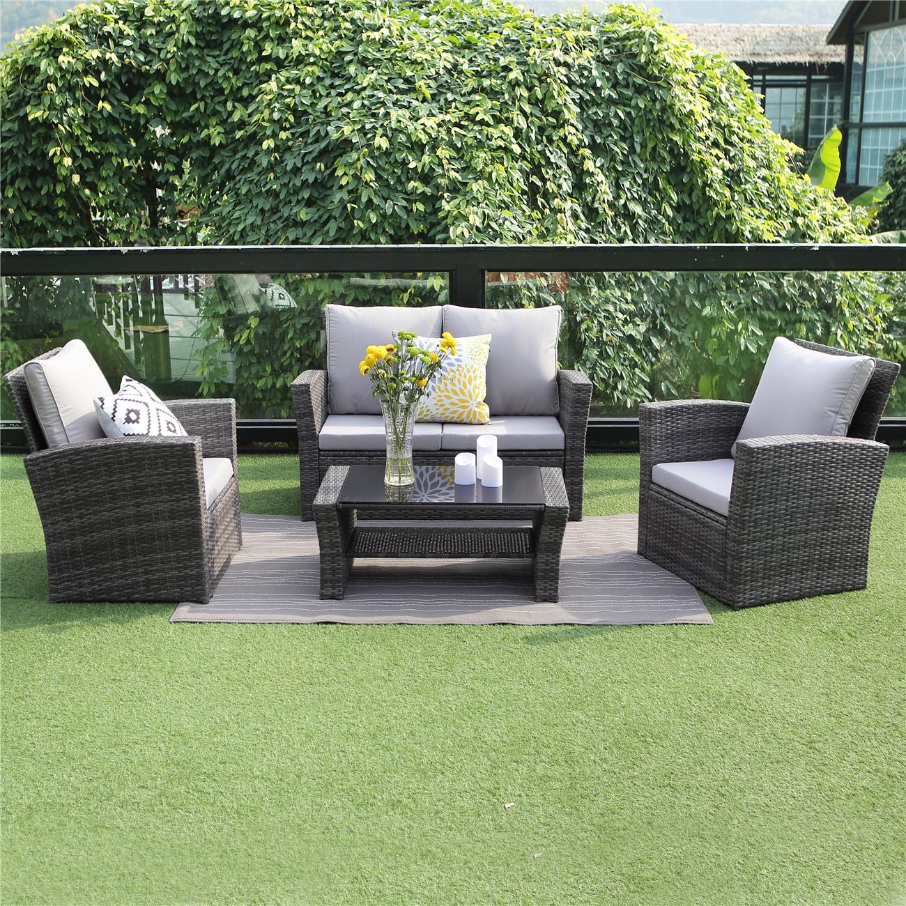 Bayfeve BF-182814-PCS 4 -Piece Wicker Patio Sofa Conversation Set with Gray Cushions