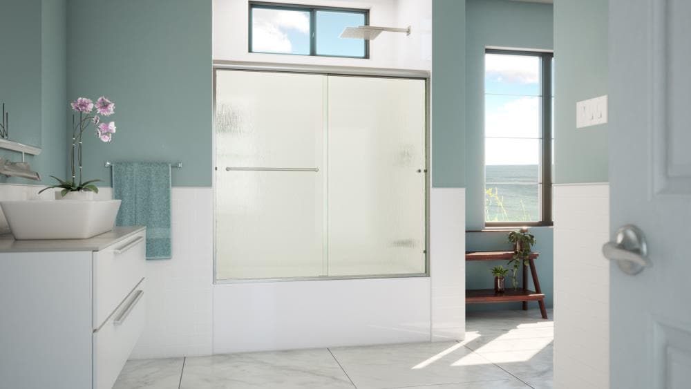 Arizona Shower Door LTER6057BNRNR Lite-Euro recessed Brushed Nickel 56-in to 60-in W x 57.375-in H Semi-frameless Bypass Sliding Bathtub door