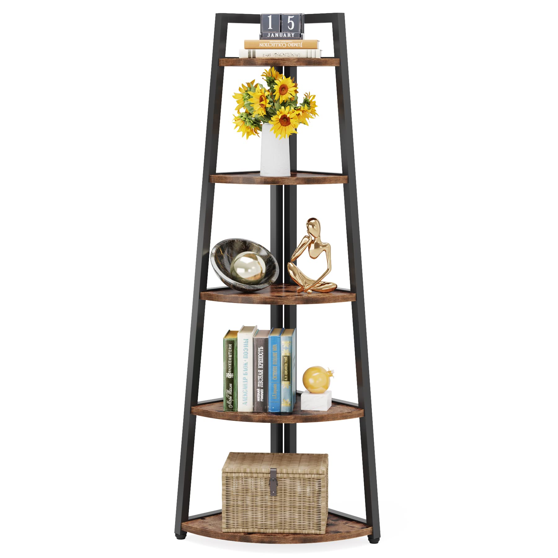 Tribesigns HOGA-U0030 Brown and black Wood 5 -Shelf Bookcase ( 18-in W x 70-in H x 18-in D ) Finished