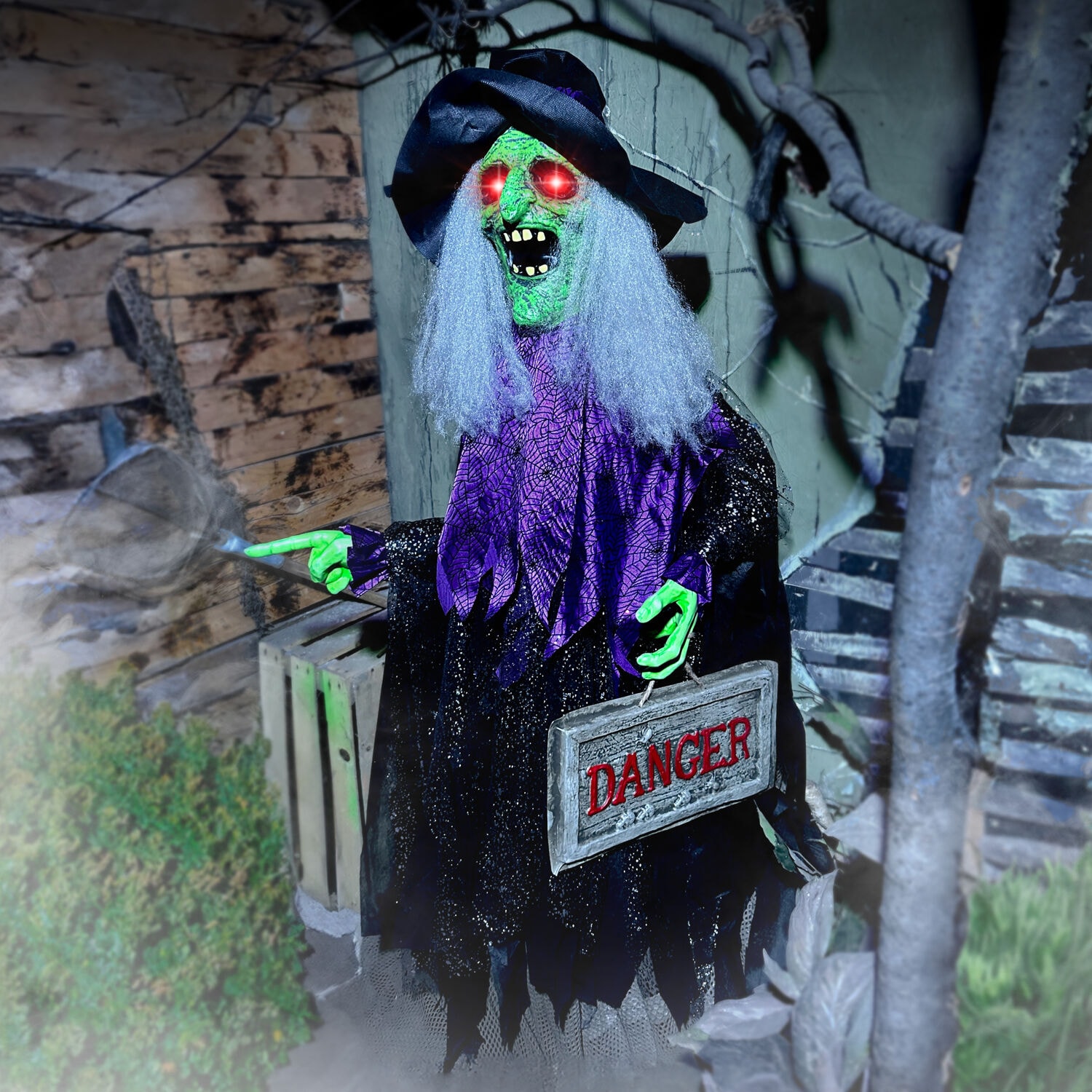 43" Green and Purple Animatronic Witch with LED Eyes