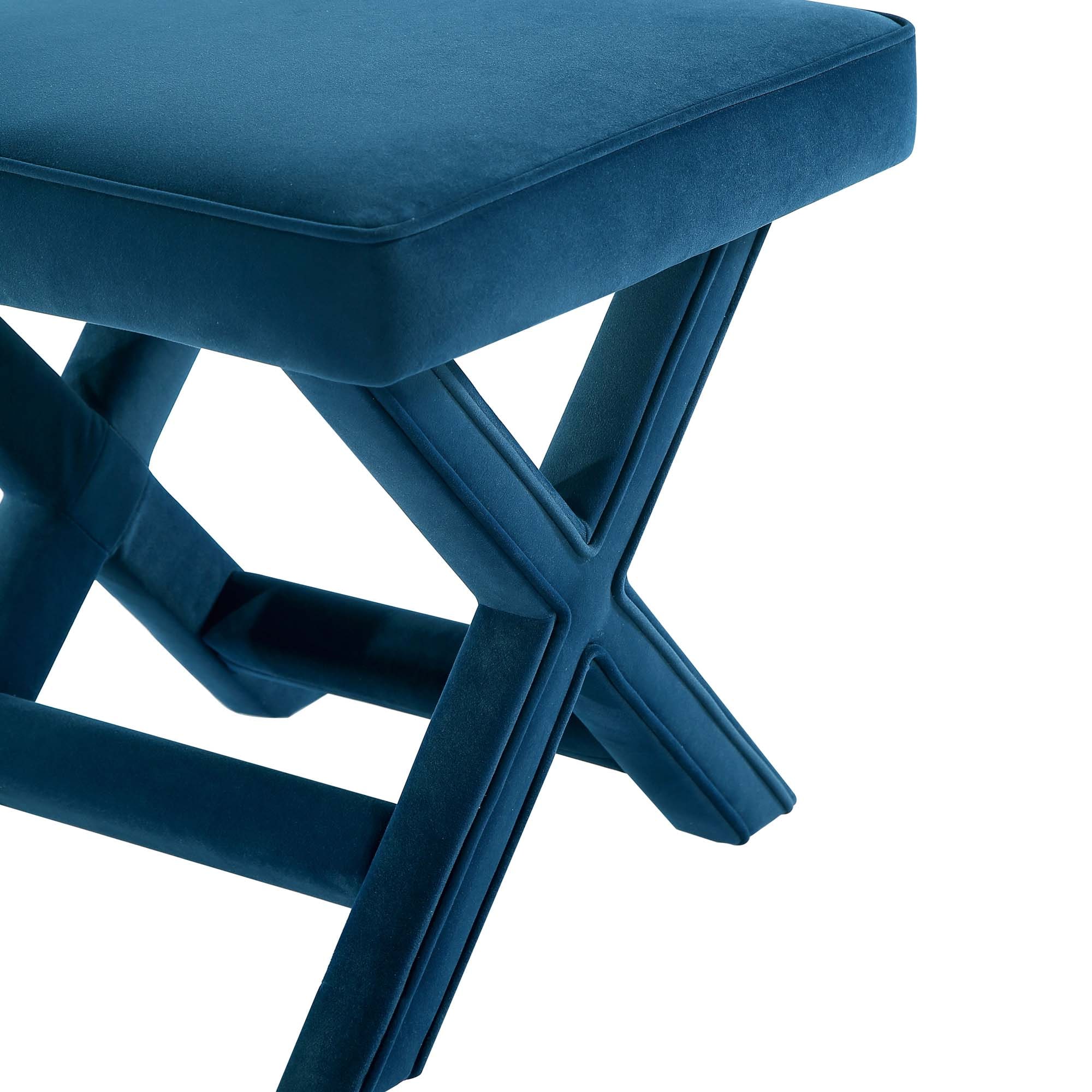 Abigail Blue Velvet Upholstered X-Base Ottoman