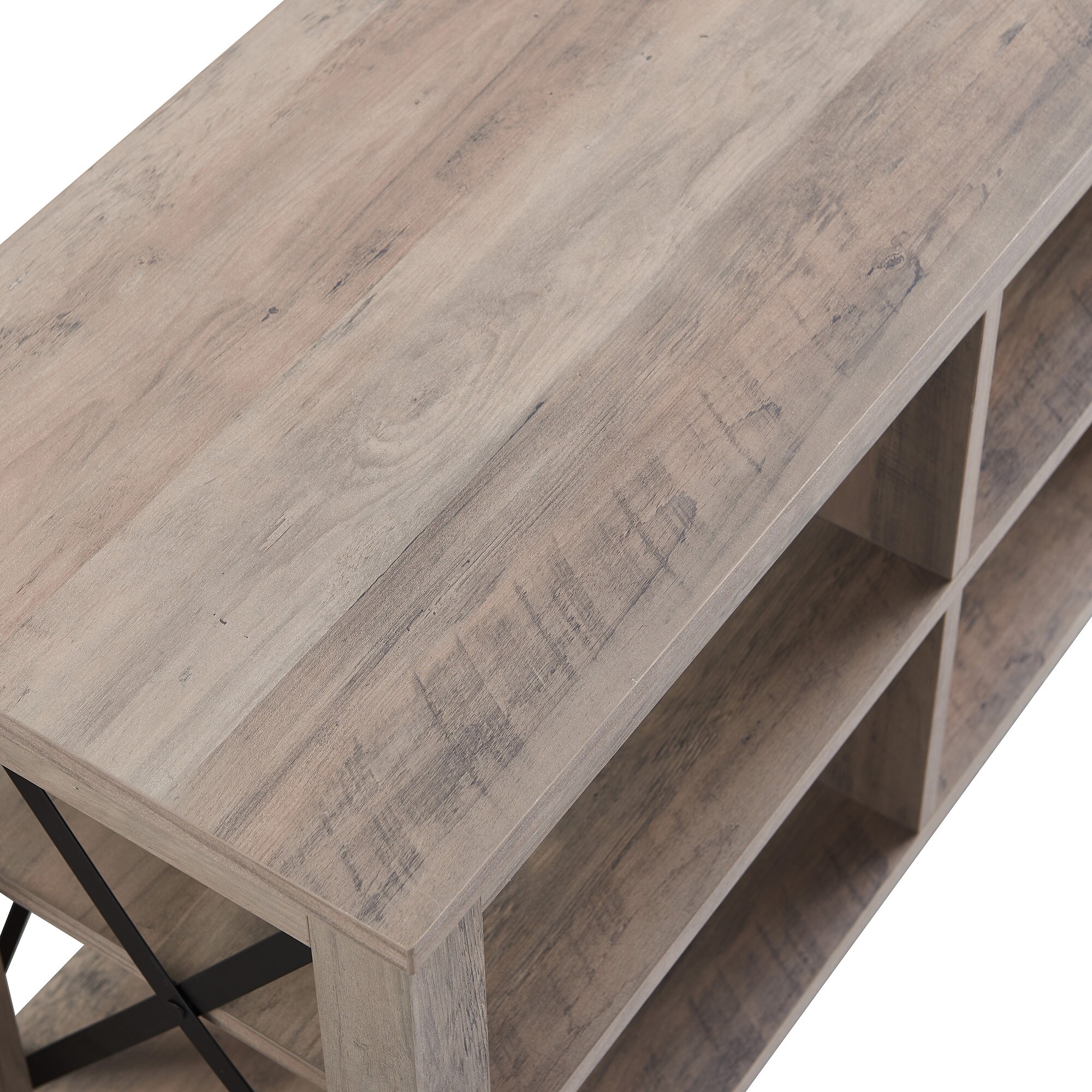 Sawyer Modern Farmhouse 58" TV Stand in Gray Oak with Black Metal Accents