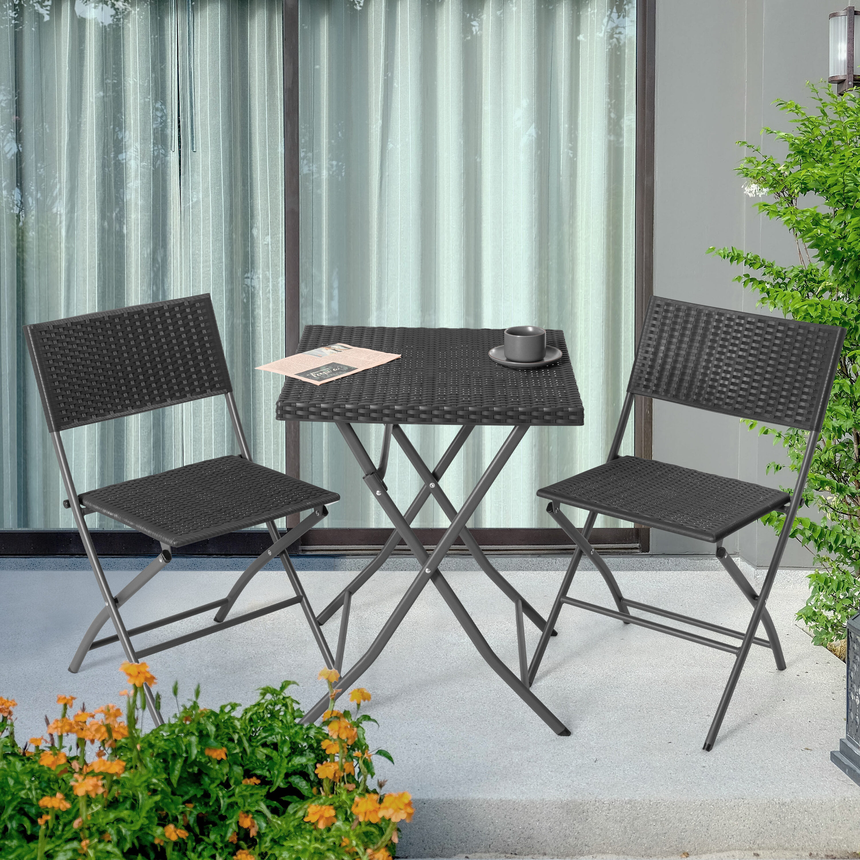 Nuu Garden SWD009-01 3 -Piece Black Rattan Bistro Patio Dining Set Iron Square Table with 2 Stationary Chairs