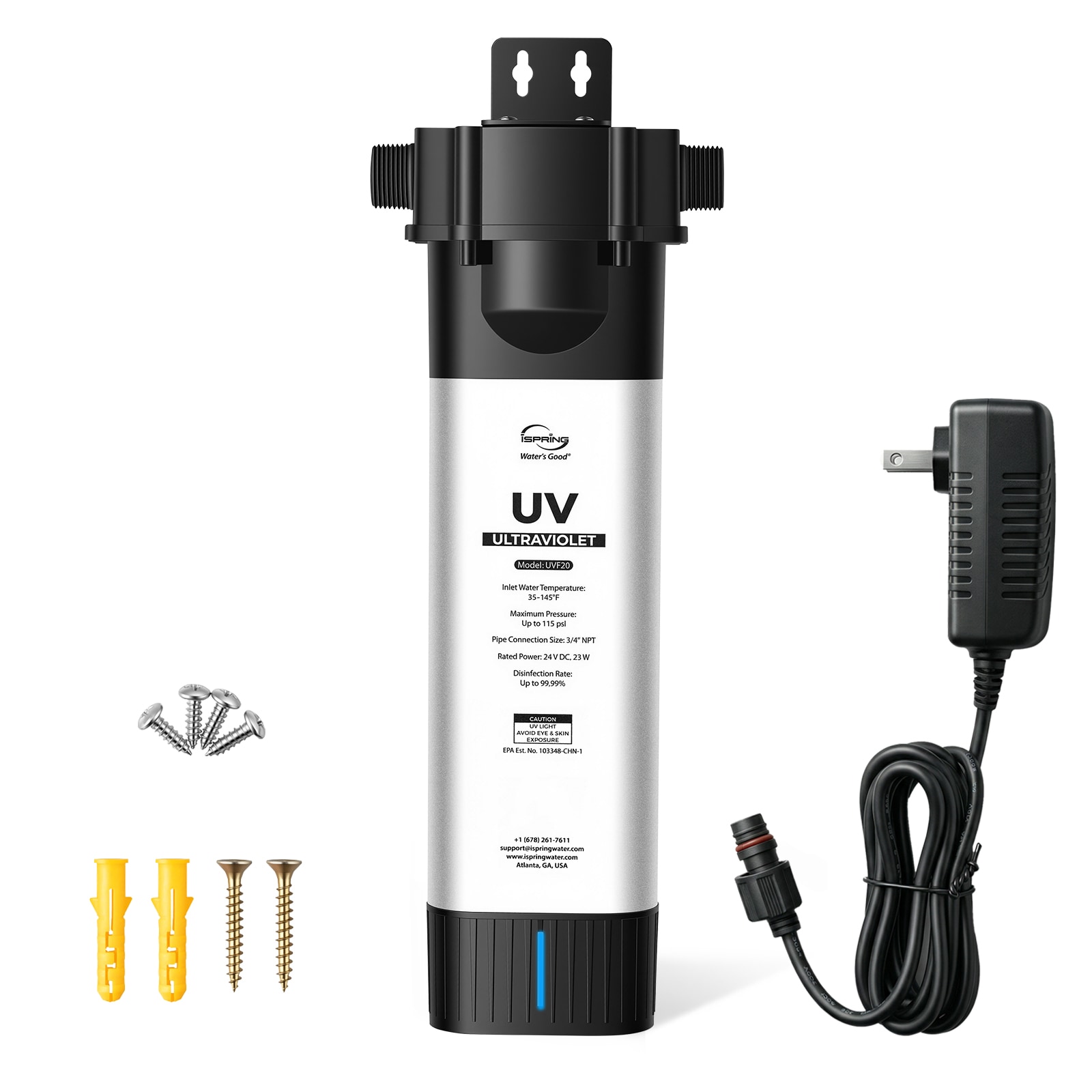 iSpring UVF20 Whole House LED UV Water Filter System, Up to 12 GPM, Long-Life LED UV Water Purifier with Built-in Automatic Flow Sensor, Mercury-Free UV Water Filter, 3/4" MNTP Inlet Outlet UV Filter Single-Stage 12-GPM