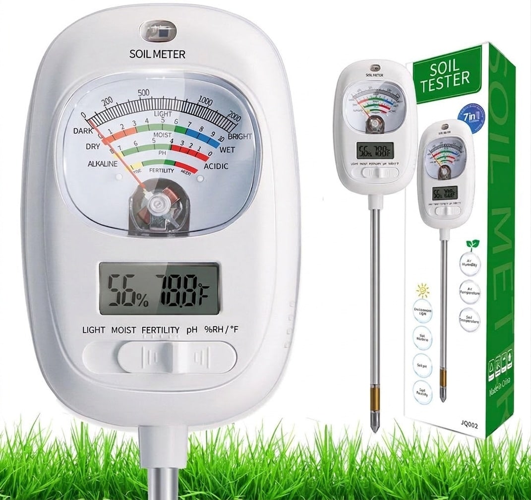 Misopily  1 Piece 7-in-1 Soil Test Kit with LCD Screen Measures Soil Moisture pH Fertility Temperature Light Air Temperature Humidity for Indoor Outdoor Plants