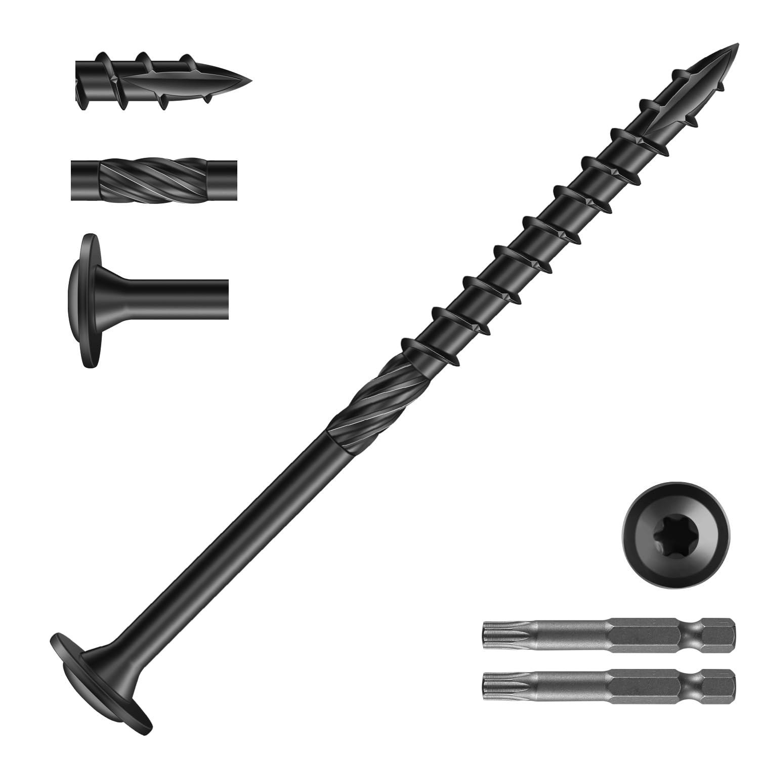 KIWDZFU  Four Inch Number Fourteen Lag Screws 350 Pieces Black Carbon Steel Washer Head Rust Resistant Epoxy Coated with T30 Star Bit