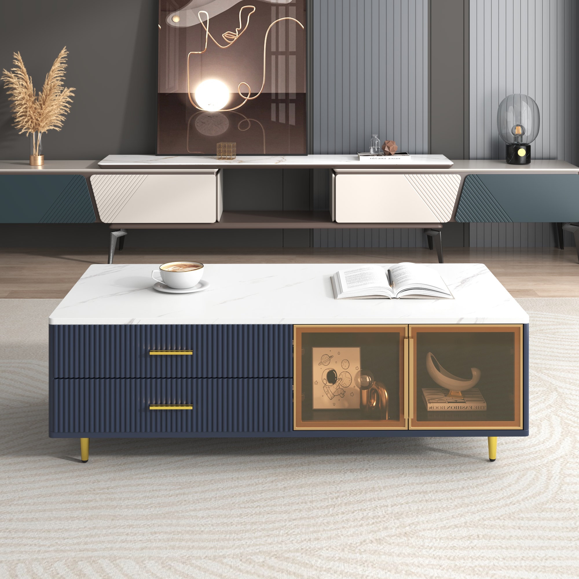 ModernLuxe L3P-N735P167910 Modern Navy Blue Coffee Table with 2 Glass Door Storage 4 Drawers Gold Metal Legs and MultiColor Lighting in 47.2inch