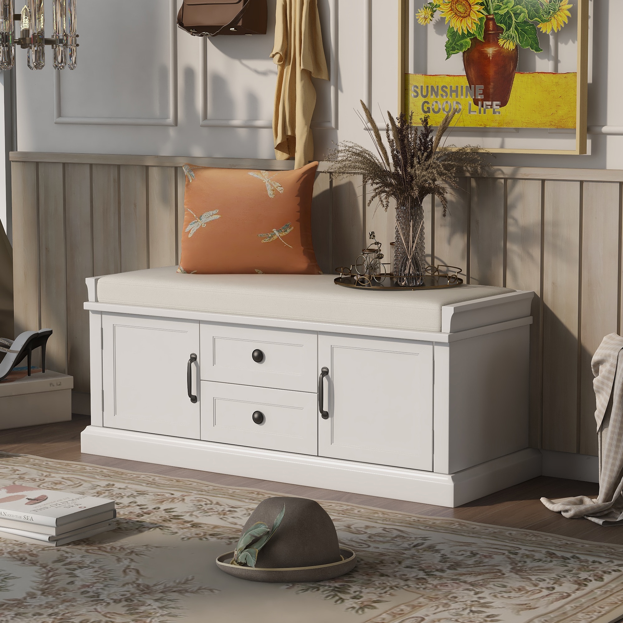 ModernLuxe WF288172AAK Storage Bench with 2 Drawers and 2 Cabinets Shoe Bench with Removable Cushion for Living Room Entryway White