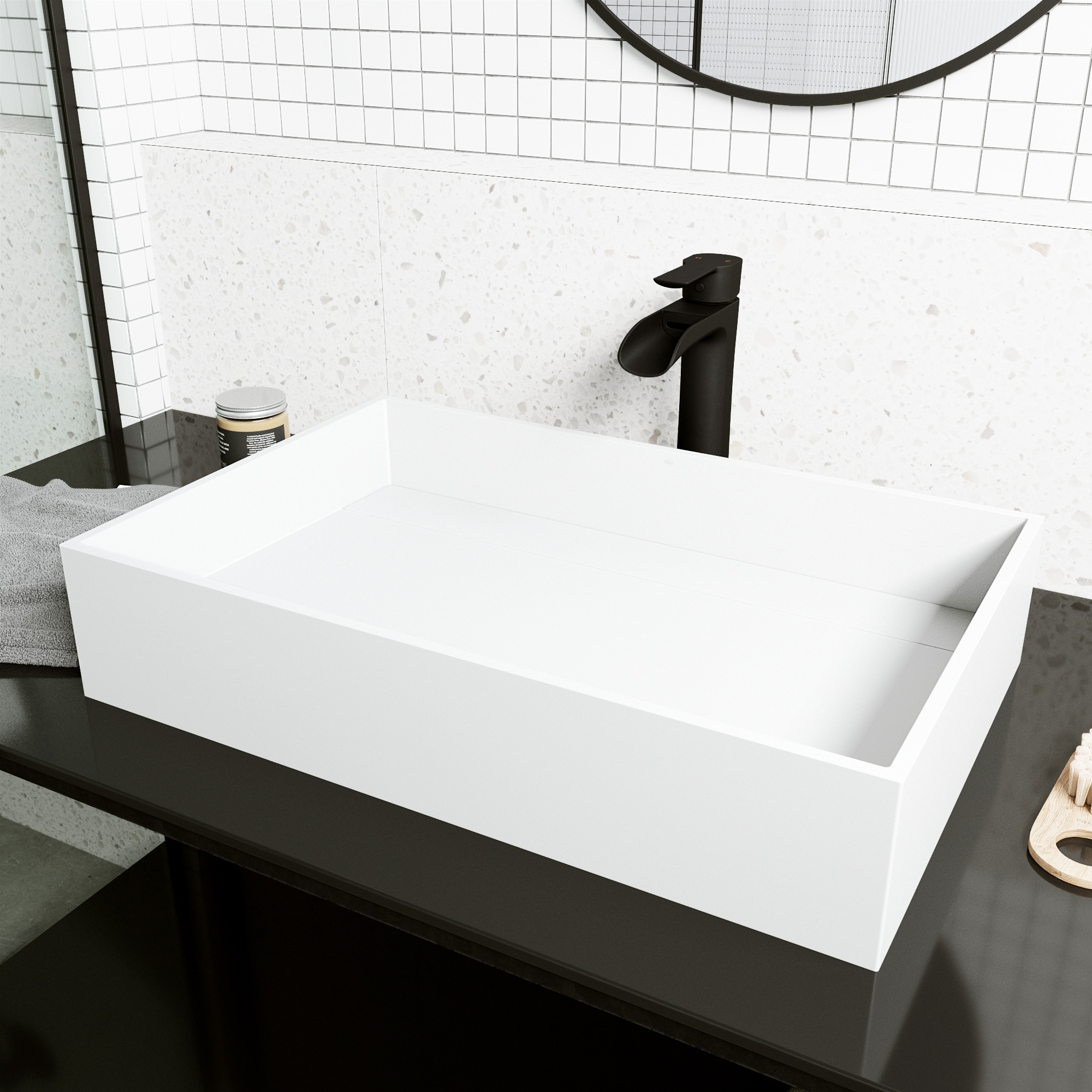 Matte White Stone Rectangular Vessel Bathroom Sink, 23" x 15"