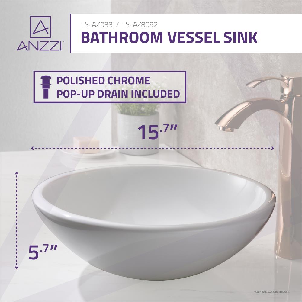 ANZZI Egret Glossy White Glass Vessel Round Modern Bathroom Sink with ...