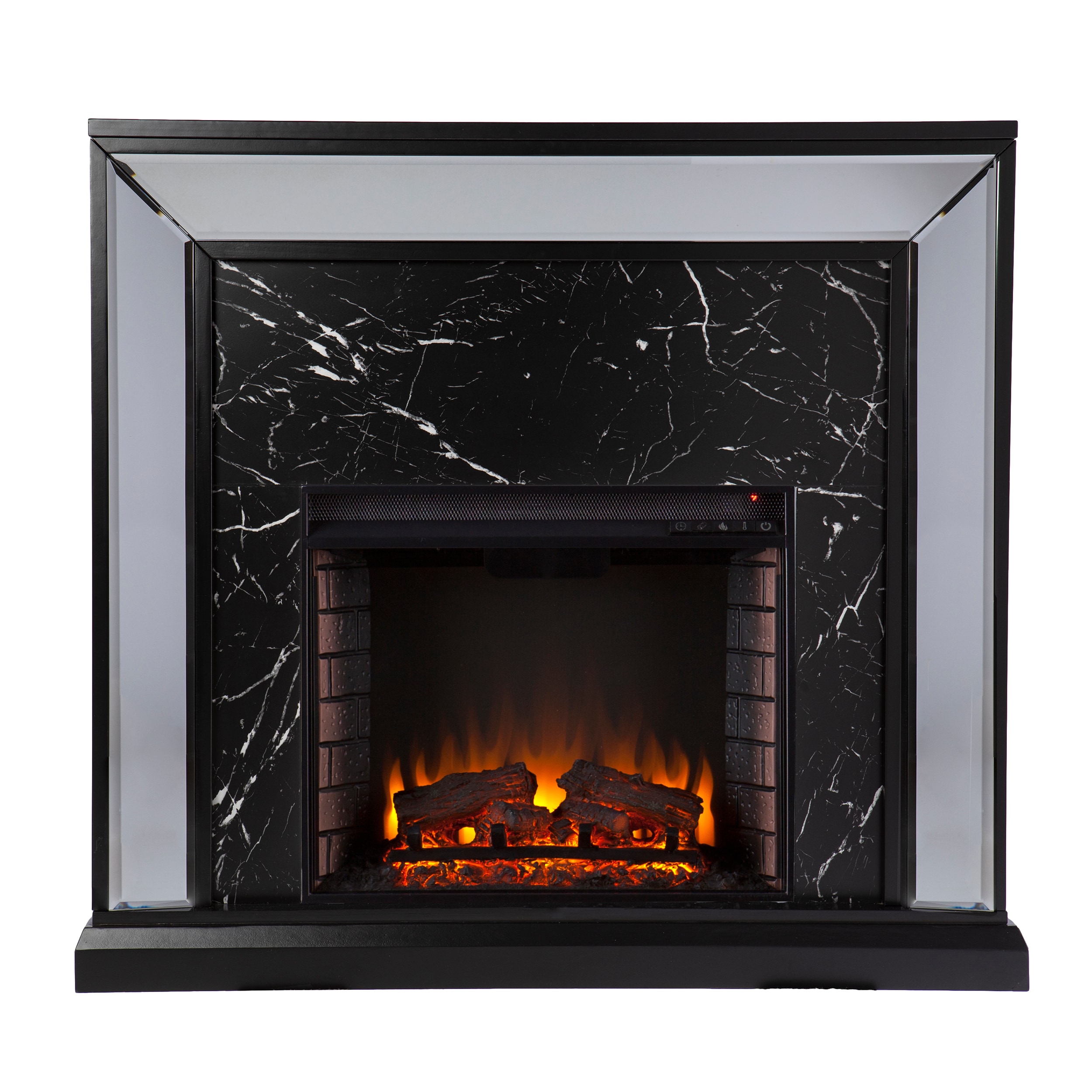 Southern Enterprises FE1137859 44-in W Antique silver with black faux marble and mirror Free standing Fan-forced Flat wall Electric Fireplace with Remote Control Included