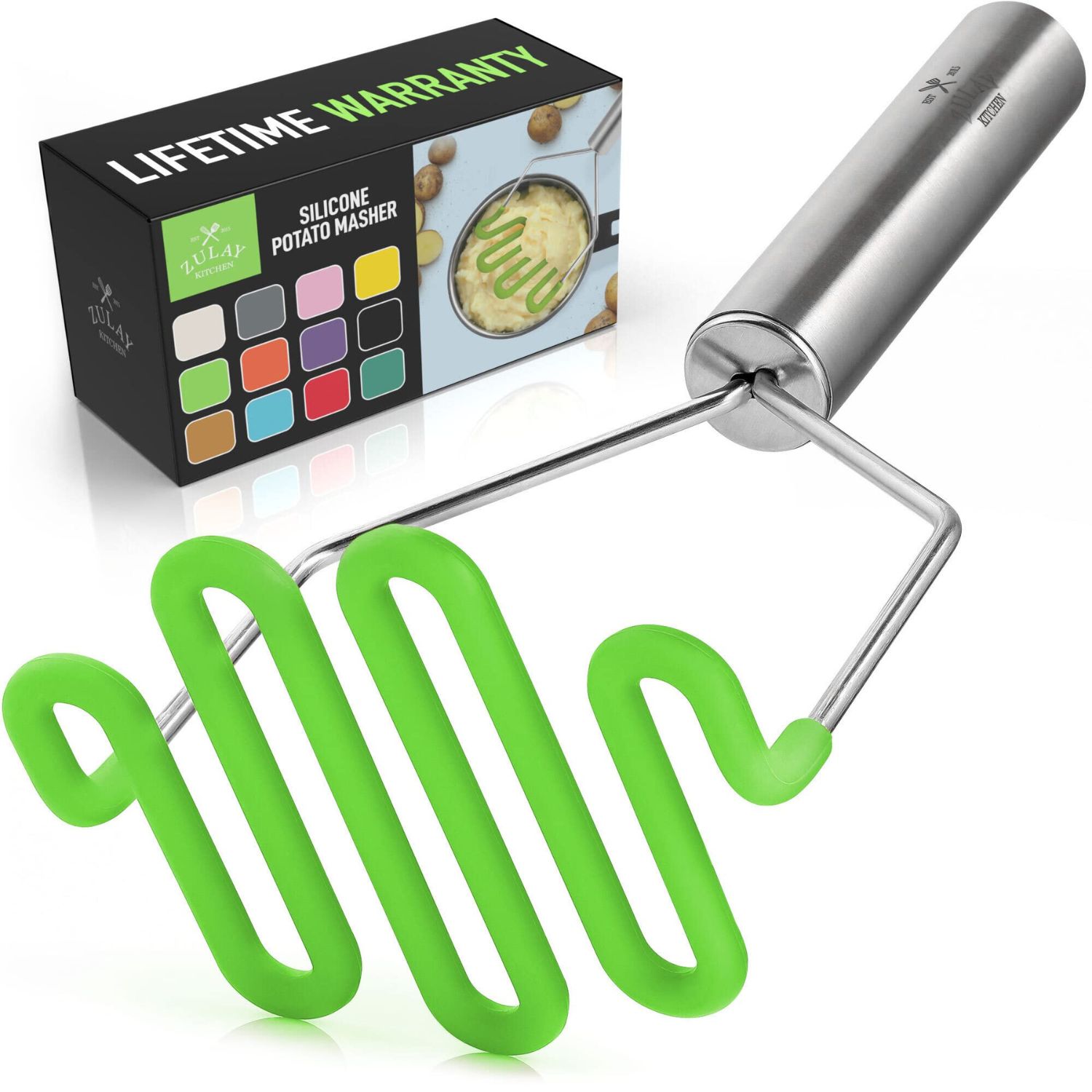 Zulay Kitchen Non Scratch Potato Masher Heavy Duty Stainless Steel Silicone Hand Masher for Smooth Mashed Potatoes Avocados Durable Easy Clean Kitchen Tool