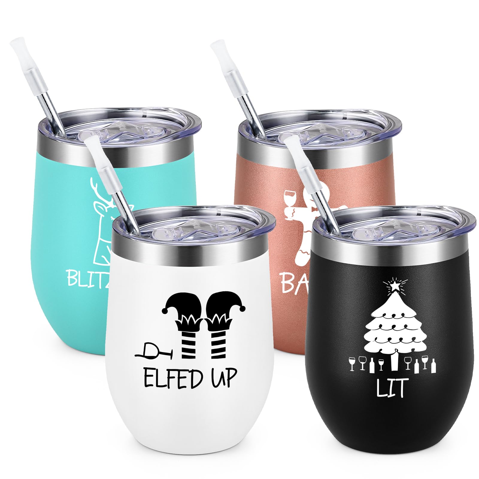 Aoibox  Set of 4 Multicolor 12 oz Stainless Steel Stemless Wine Tumblers with Spoon for Holiday Parties Christmas