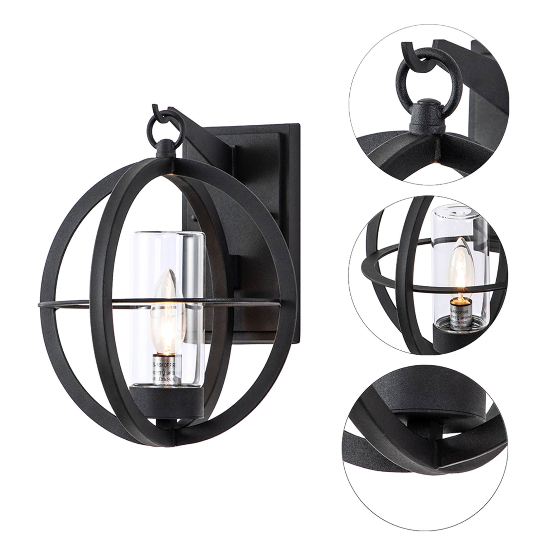 Matte Black Metal Globe Outdoor Wall Sconce with Clear Glass