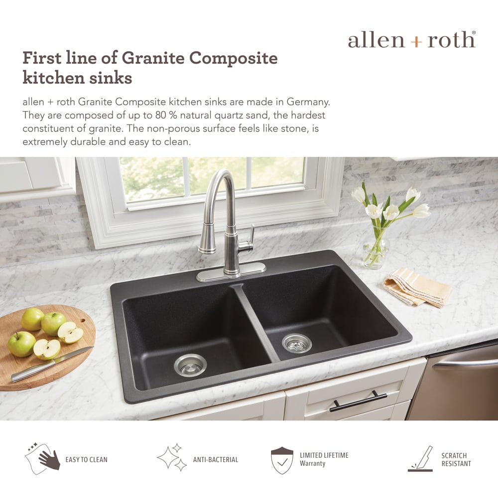 allen + roth Deforest Collection Dual-mount 16-in x 20-in Nero Granite  Single Bowl 3-Hole Kitchen Sink in the Kitchen Sinks department at