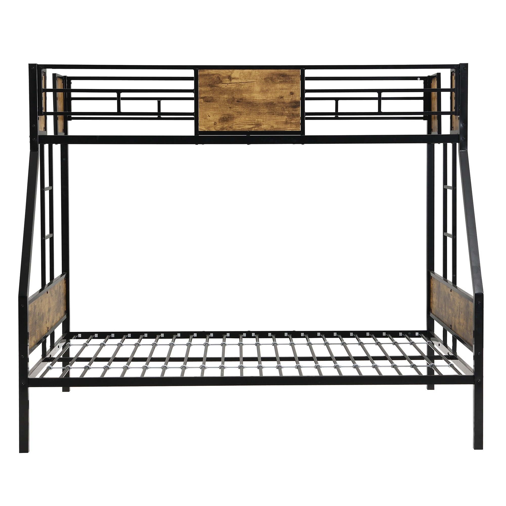 UOI Twin over Full Metal Bunk Bed with 2-Side Ladder and Full-Length Guardrail in Black and Brown Finish with Large Under Bed Storage