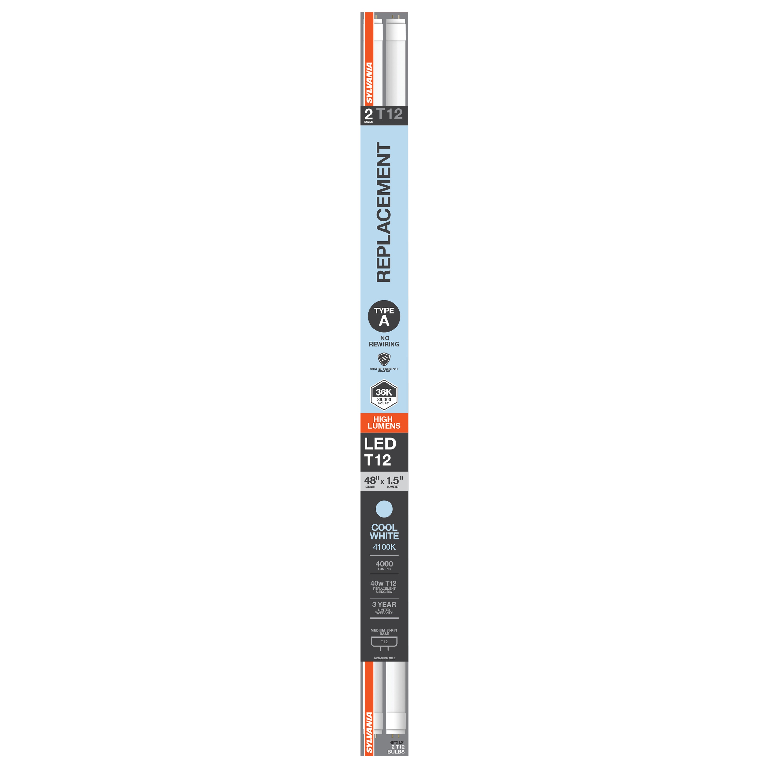 SYLVANIA 40 -Watt EQ T12 Cool white Medium bi-pin base G13 LED Tube Light Bulb 2 -Pack