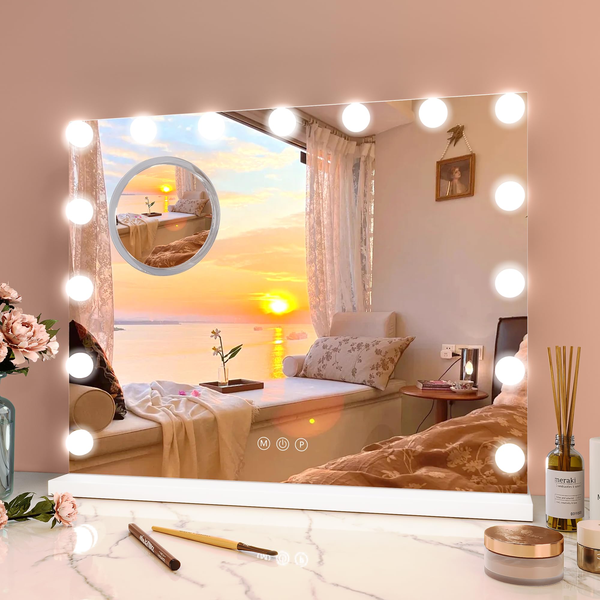 Garvee Vanity Mirror with Lights 23-in x 18-in Polished Silver Double-Sided 3x Magnifying Fog Resistant Countertop vanity mirror with Light