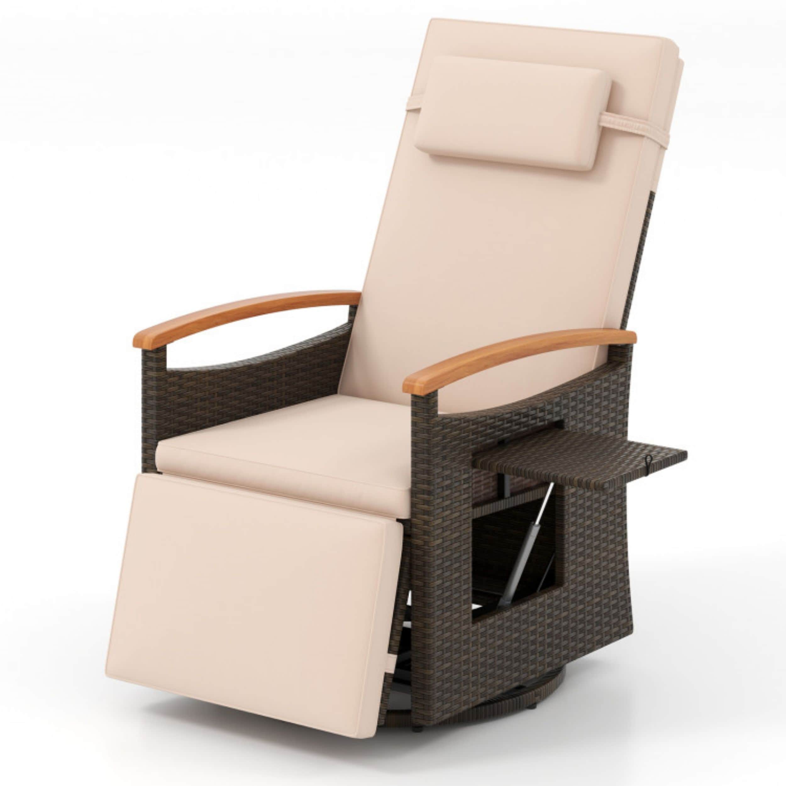 Poinic - Rattan Brown Metal Frame Stationary Recliner Chair with Beige Solid Seat