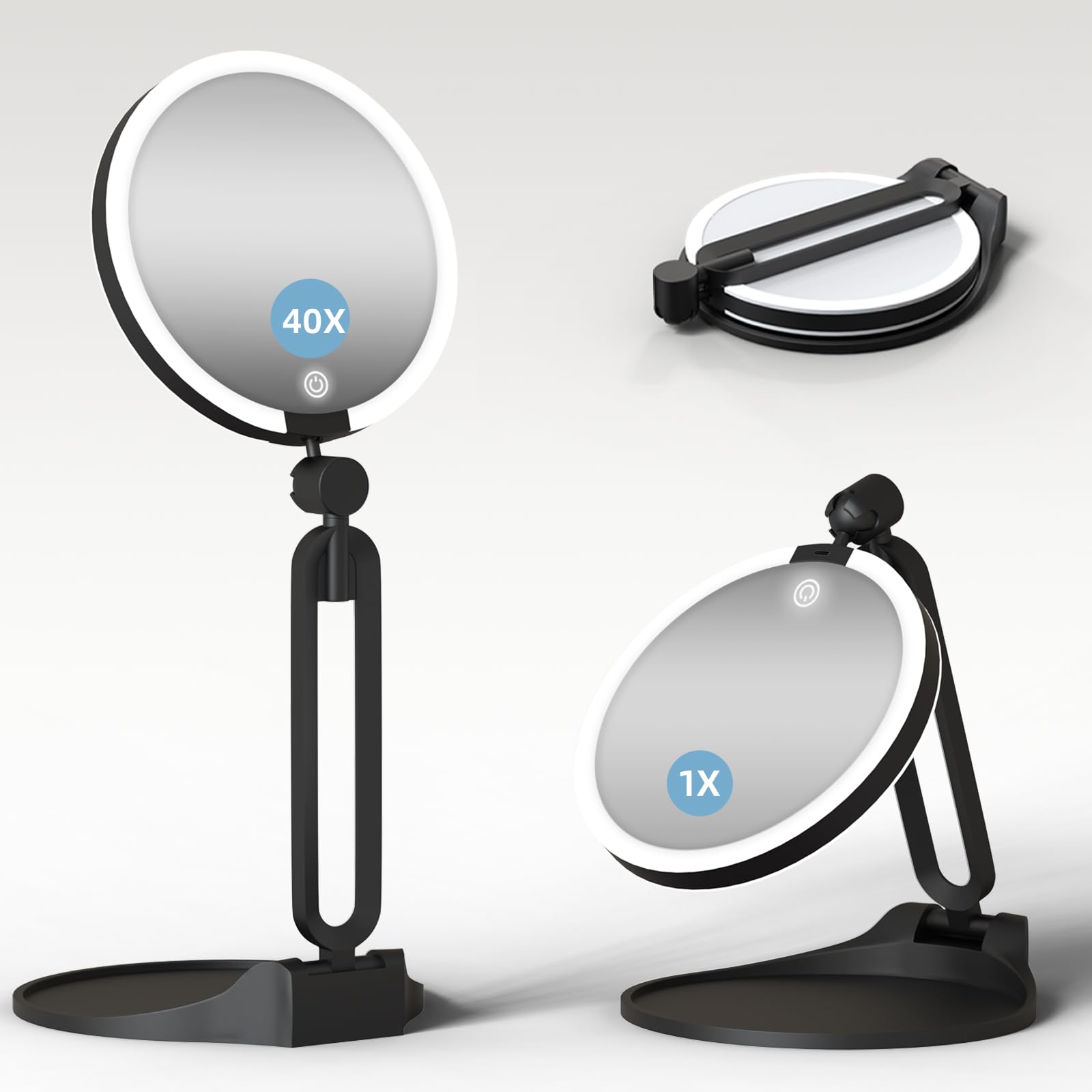 Fanbulous 40X Magnifying Mirror with Light 6in Double Sided 1X 40X 3 Colors Dimmable Rechargeable. Rotation Foldable Travel Makeup Mirror