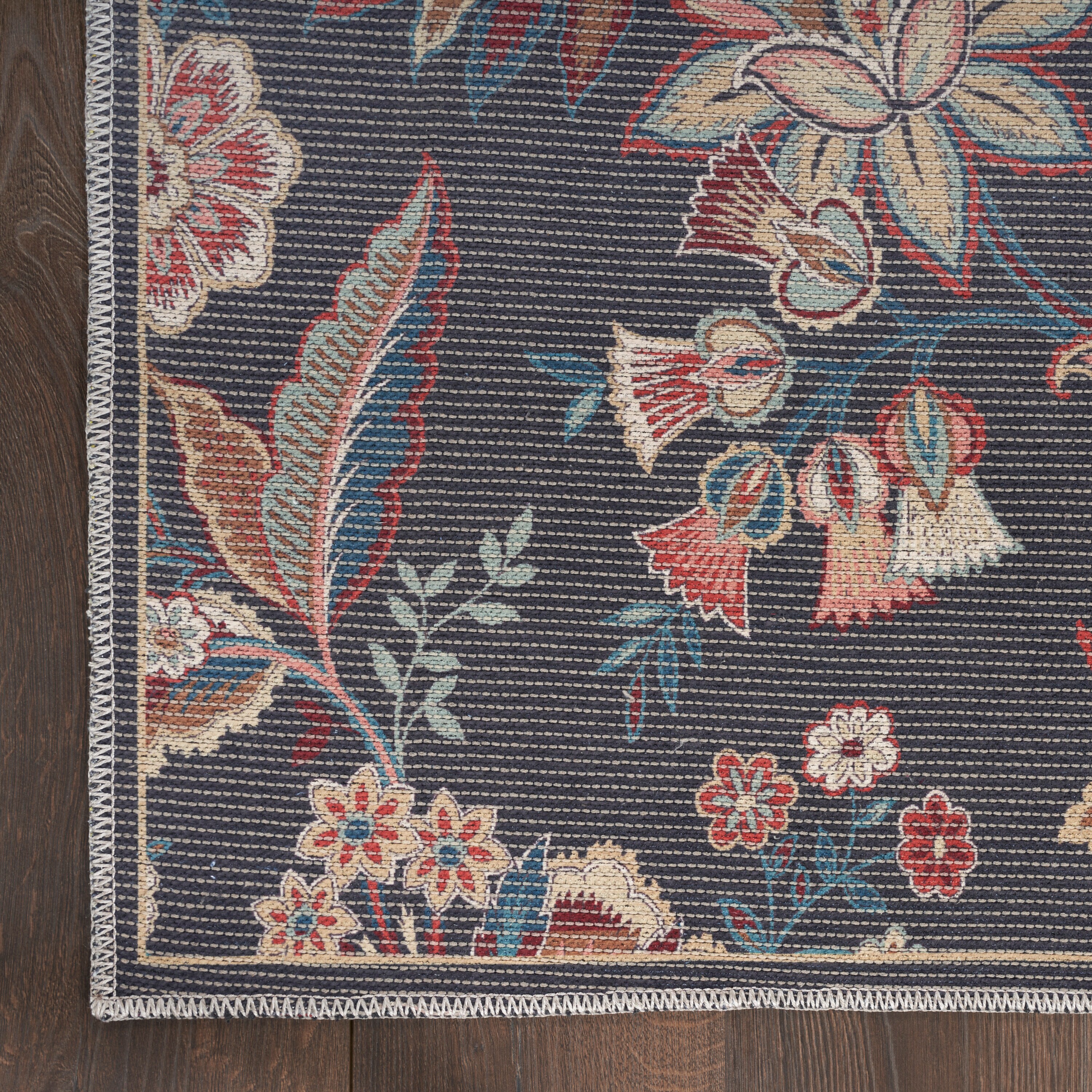 Charcoal Floral Rectangular Washable Synthetic Rug