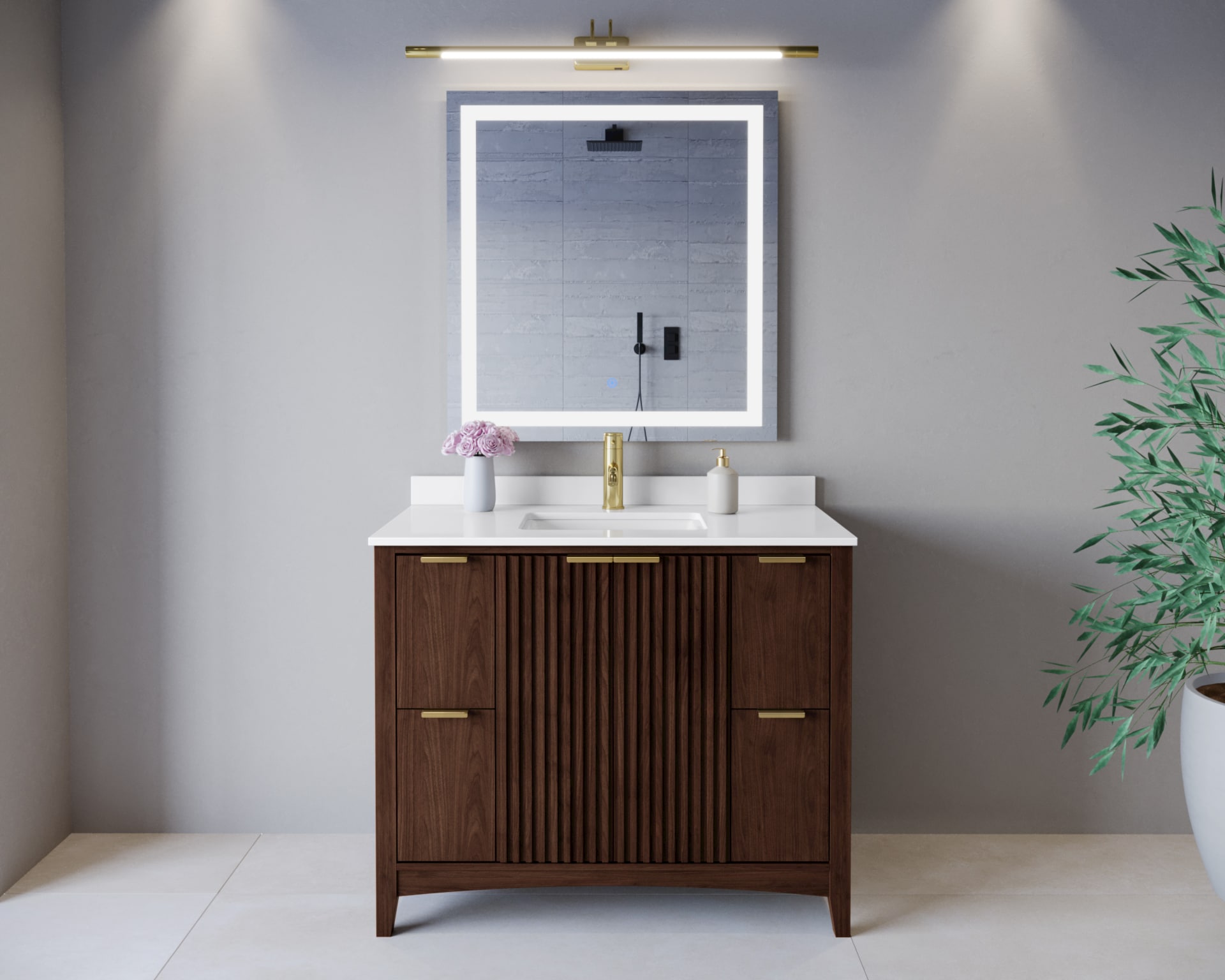 Wyndham Collection WCF919142SDDWQUNSMXX Palmilla 42-in Dark Walnut with Brushed Gold Trim Undermount Single Sink Bathroom Vanity with White Quartz Quartz Top
