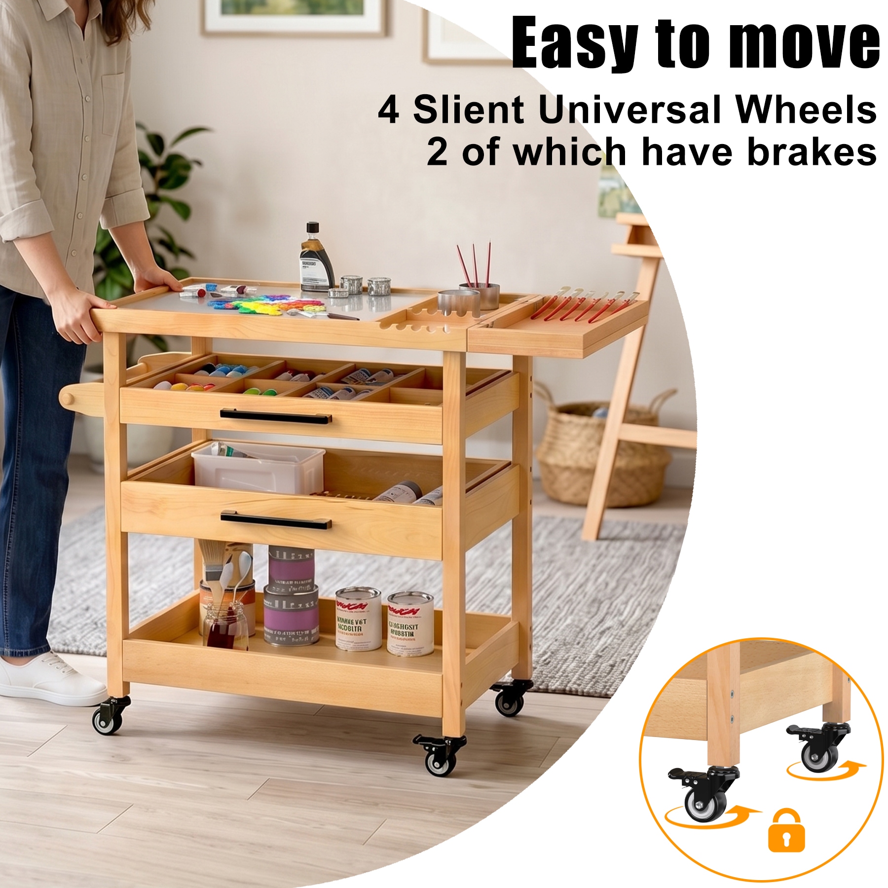 GDLF Art Cart Beech Wood Art Supply Cart Organizer on Wheels with