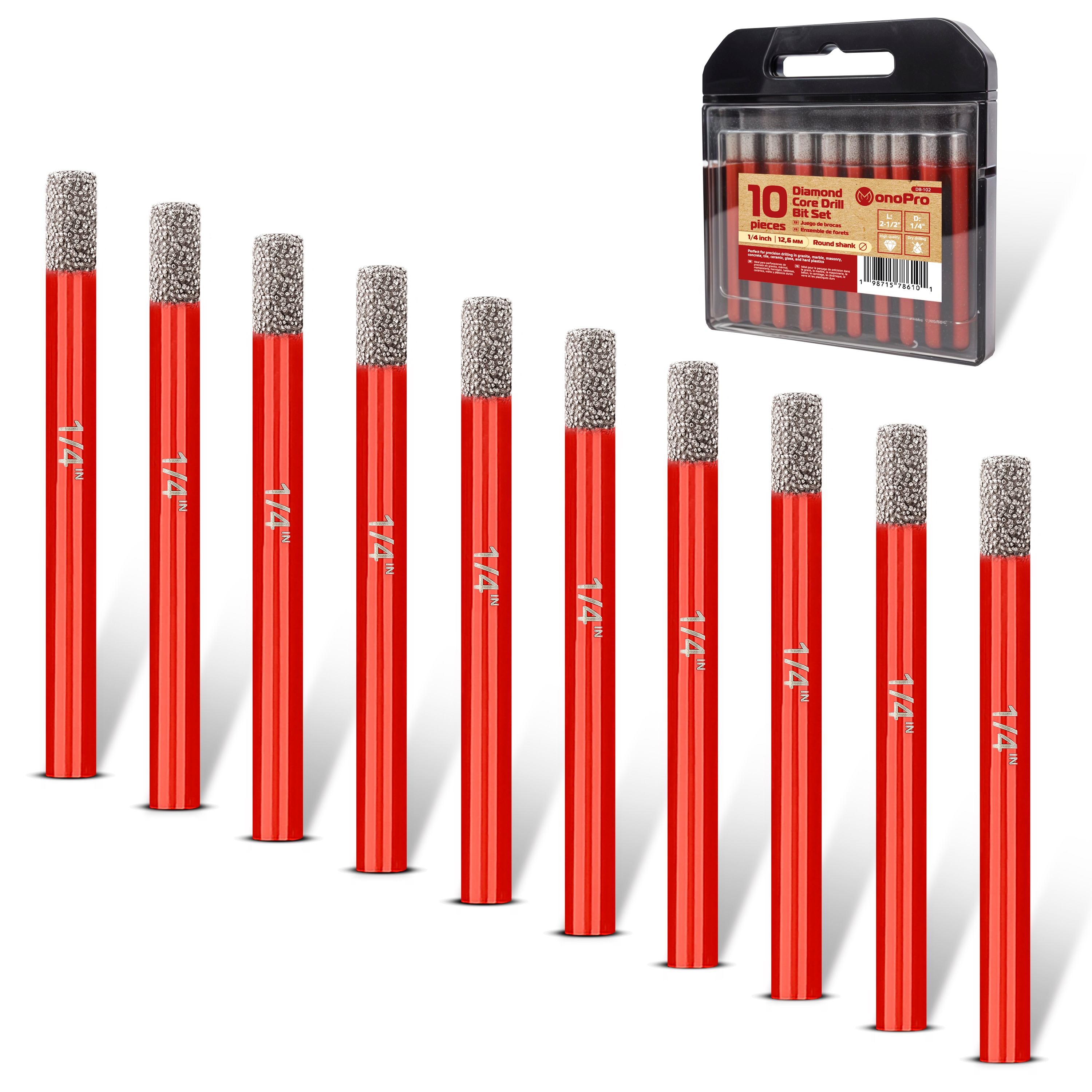 MonoPro 10 Pcs Dry Diamond Drill Bit Set 1/4in 6mm with Storage Case #DB-102