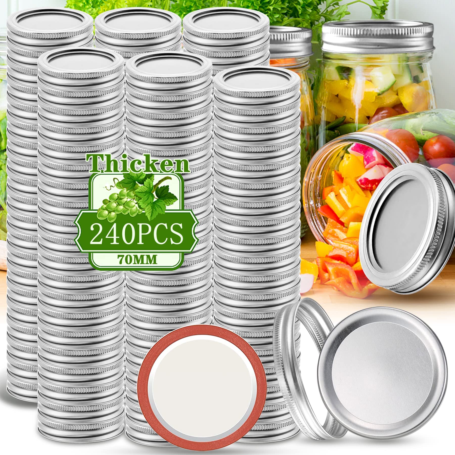 DHMHD  Regular Mouth Mason Jar Lids and Rings Set 240 Pieces 70MM Split-Type Leak Proof Silicone Seal for Home Canning and Storage