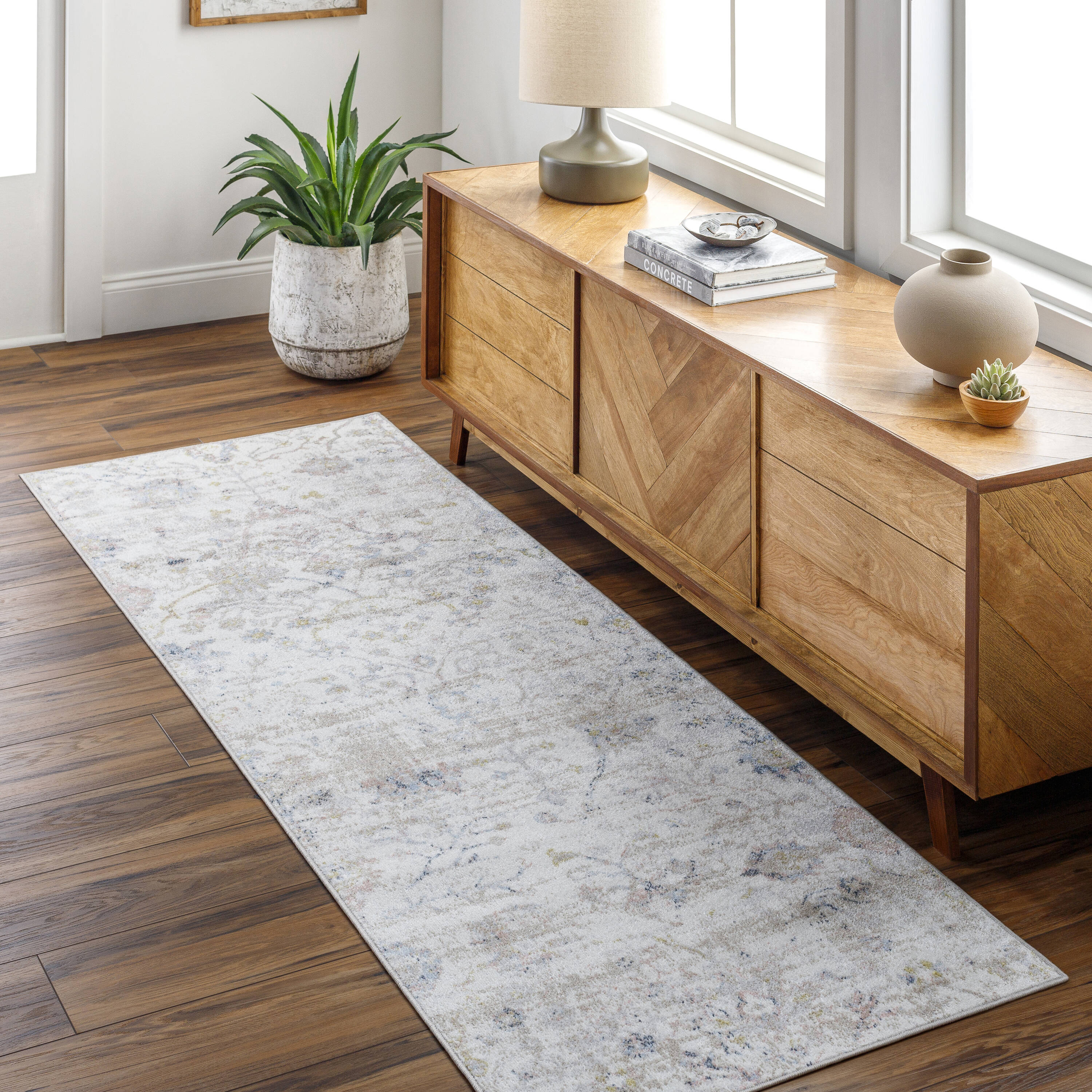 Lavadora 3 x 8 (ft) Flatweave Polyester Ivory Rectangular Indoor Damask Oriental Machine Washable Pet Friendly Runner rug
