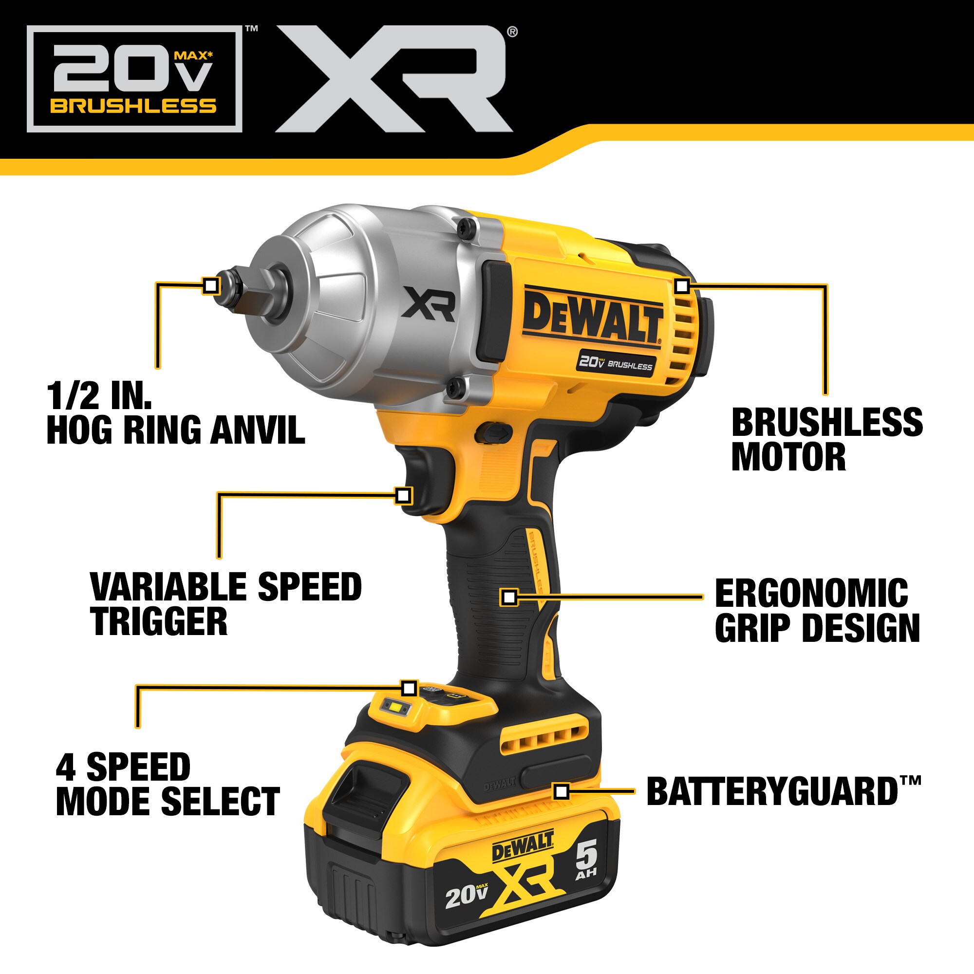 DEWALT XR 20-volt Max Variable Brushless 1/2-in Drive Cordless Impact Wrench (Battery Included)