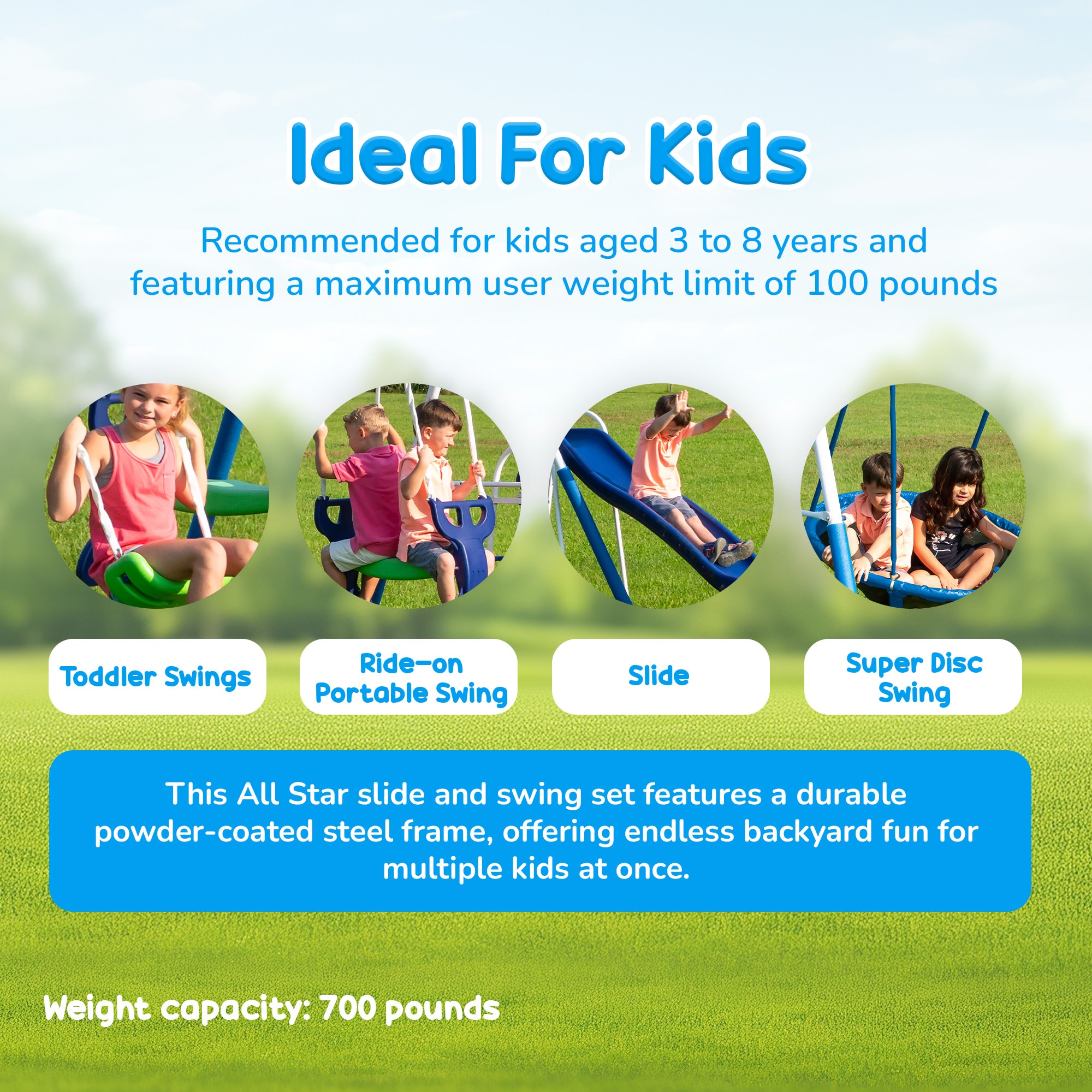 Blue and Green Metal Swing Set with Slide for 7 Kids