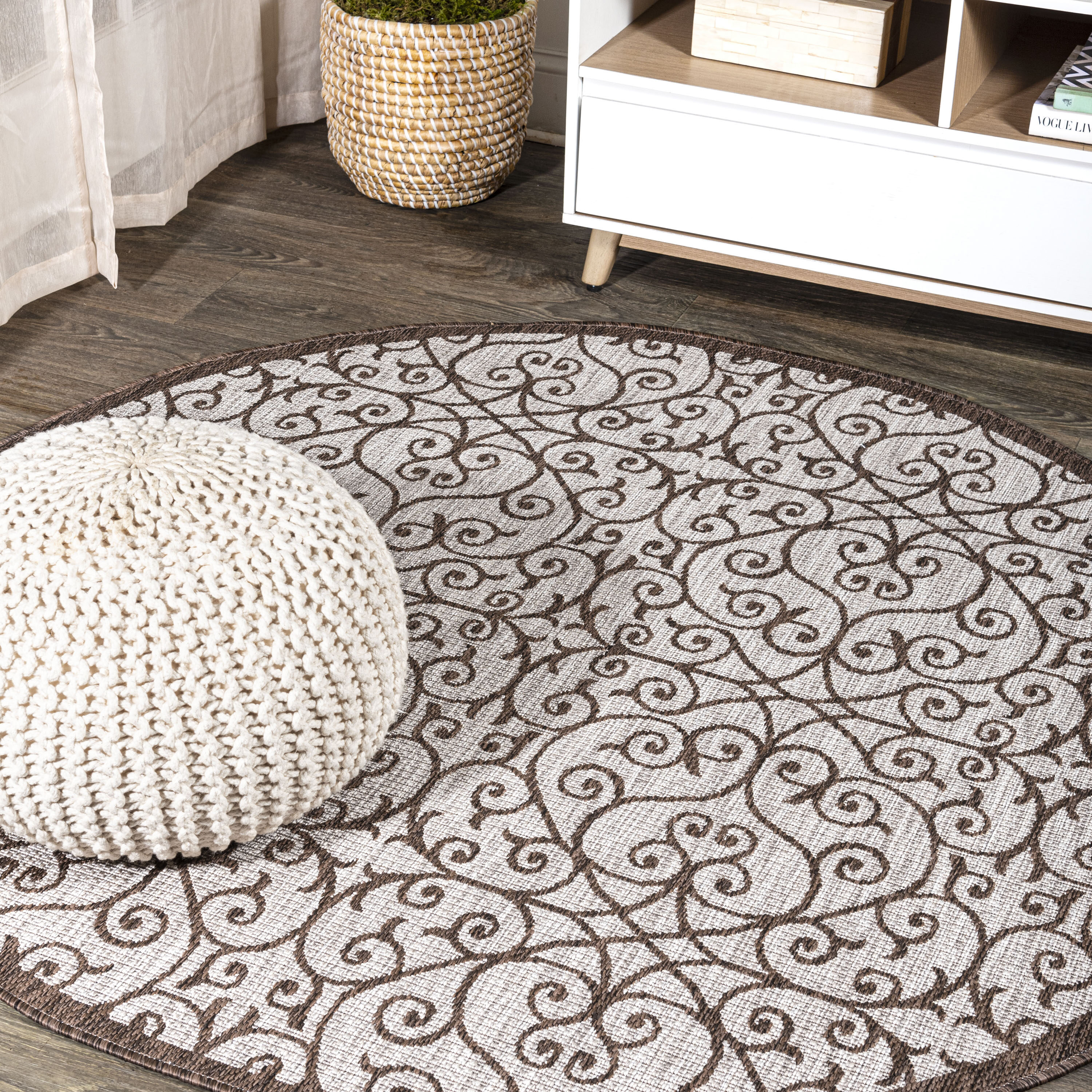 JONATHAN  Y SMB107C-8R SANTA MONICA Madrid Vintage Filigree Textured Weave 8 x 8 (ft) Polypropylene Taupe/Espresso Round Indoor Medallion Bohemian/Eclectic Area rug