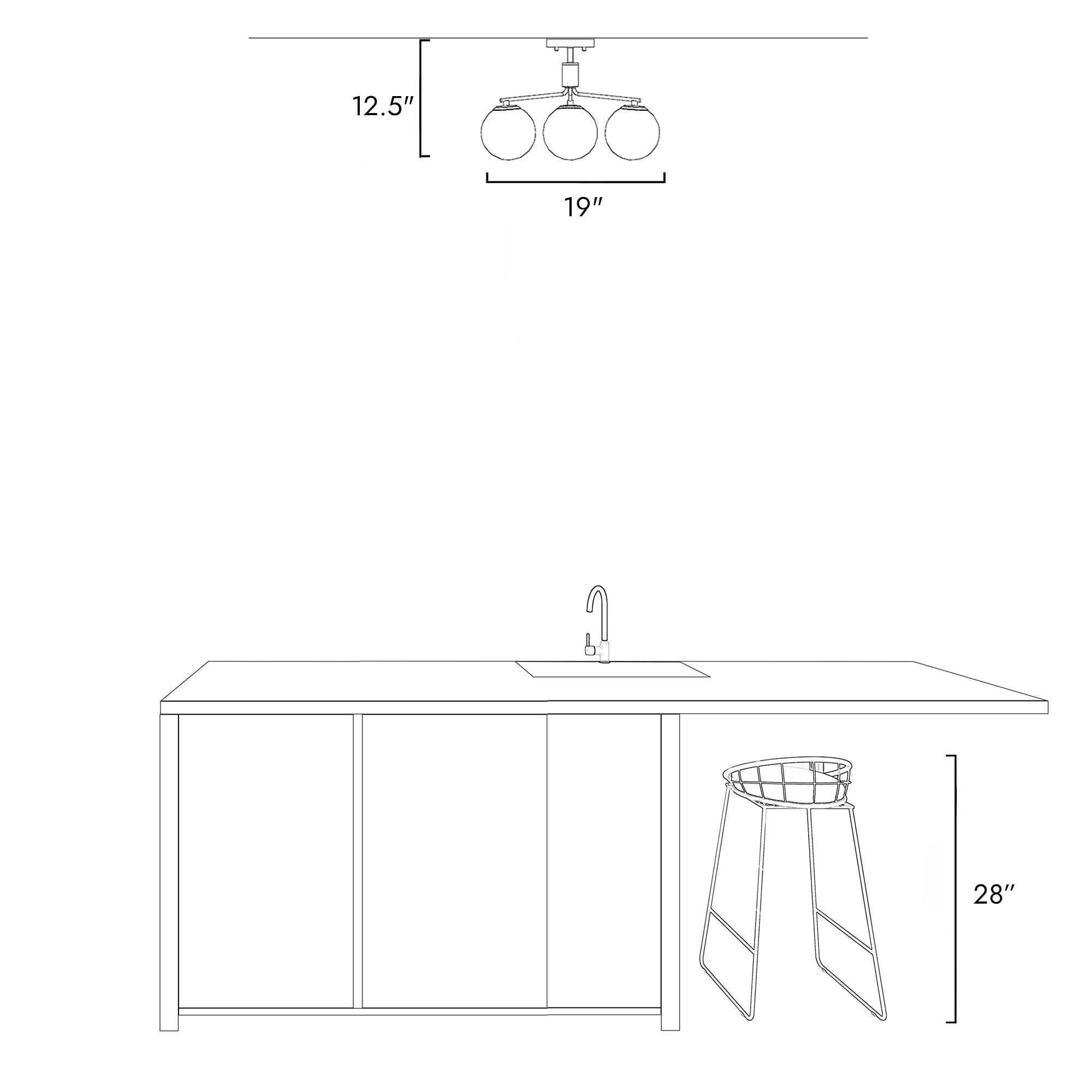 Modern 19" Matte Black and Brass Semi-Flush Mount with Frosted Glass Globes