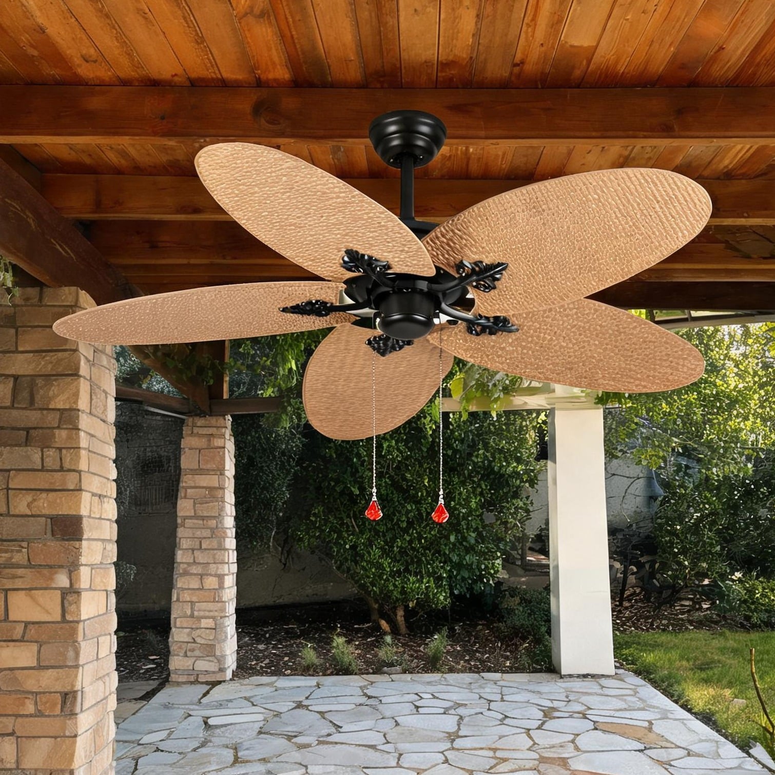 SunJet Indoor/Outdoor Tropical Ceiling Fan with Five Palm Leaf Blades Pull Chain Acacia Wood