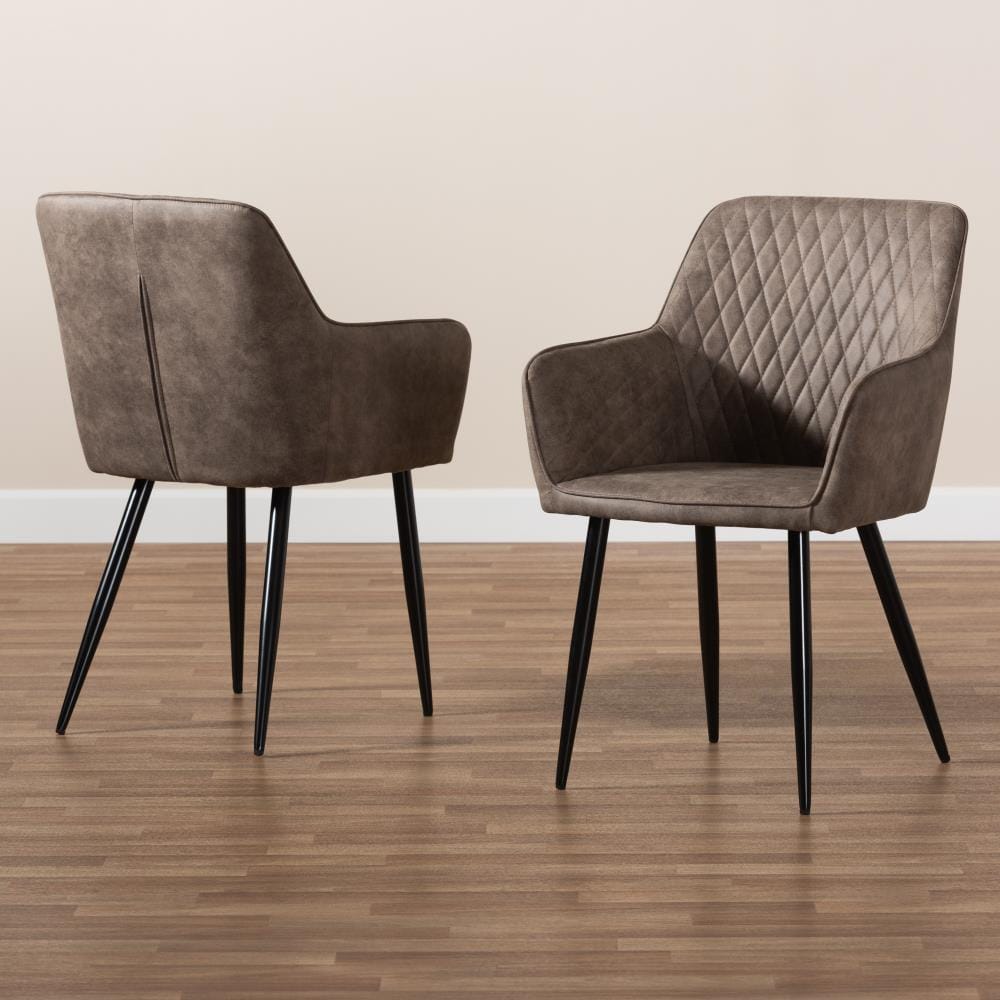 Set of 2 Gray and Brown Quilted Metal Dining Chairs