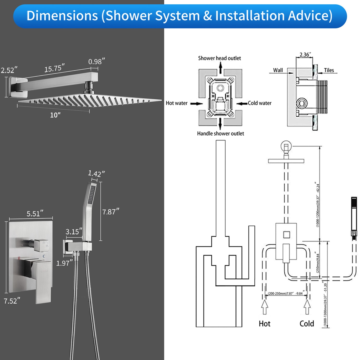 Cobbe LSKSSF0210N Showerhead-Bar-Panels - View #2